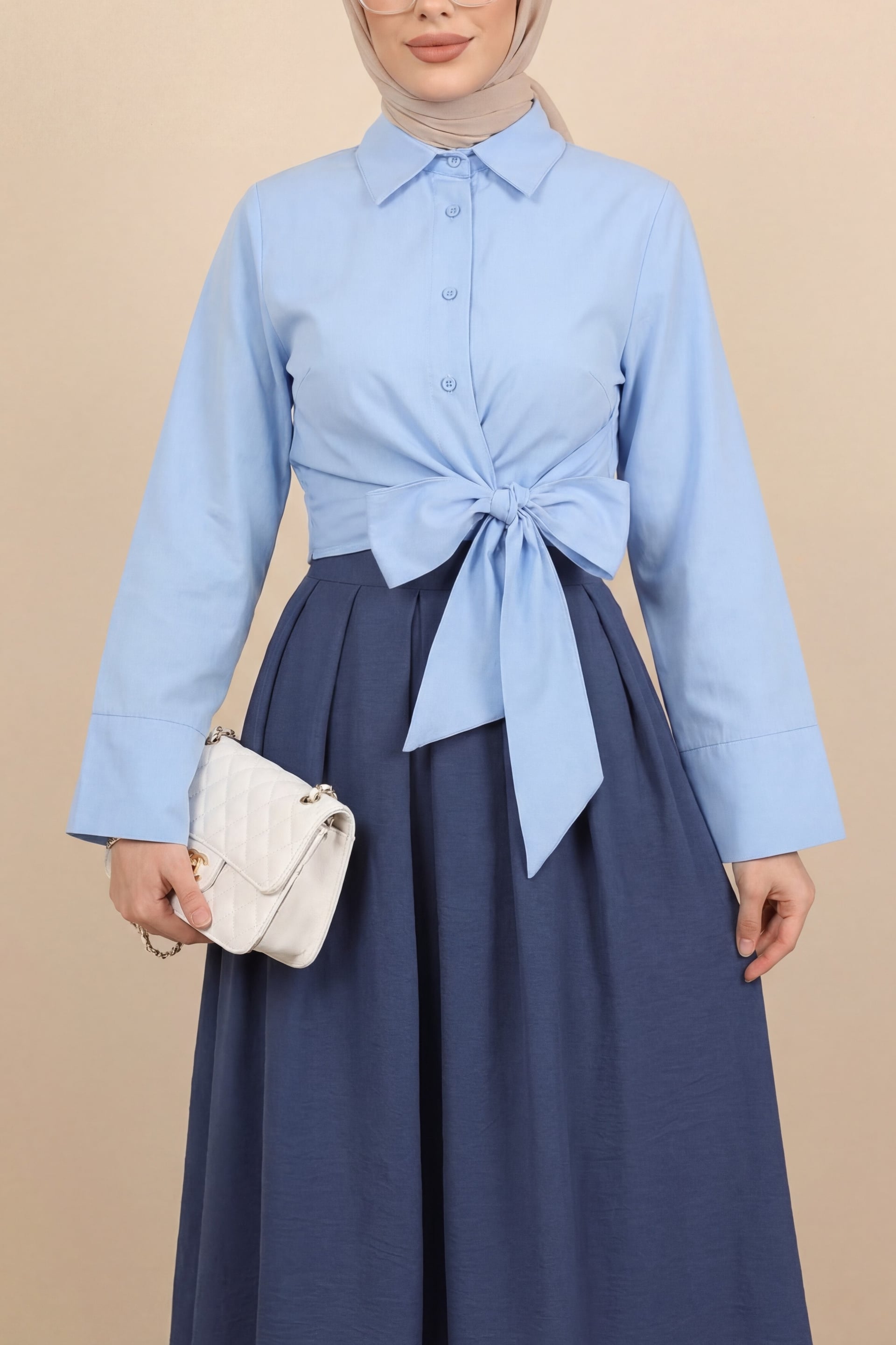 Side-Tie Spanish Sleeve Buttoned Shirt in Light Blue - Podyumplus - by Peralane - photo 7