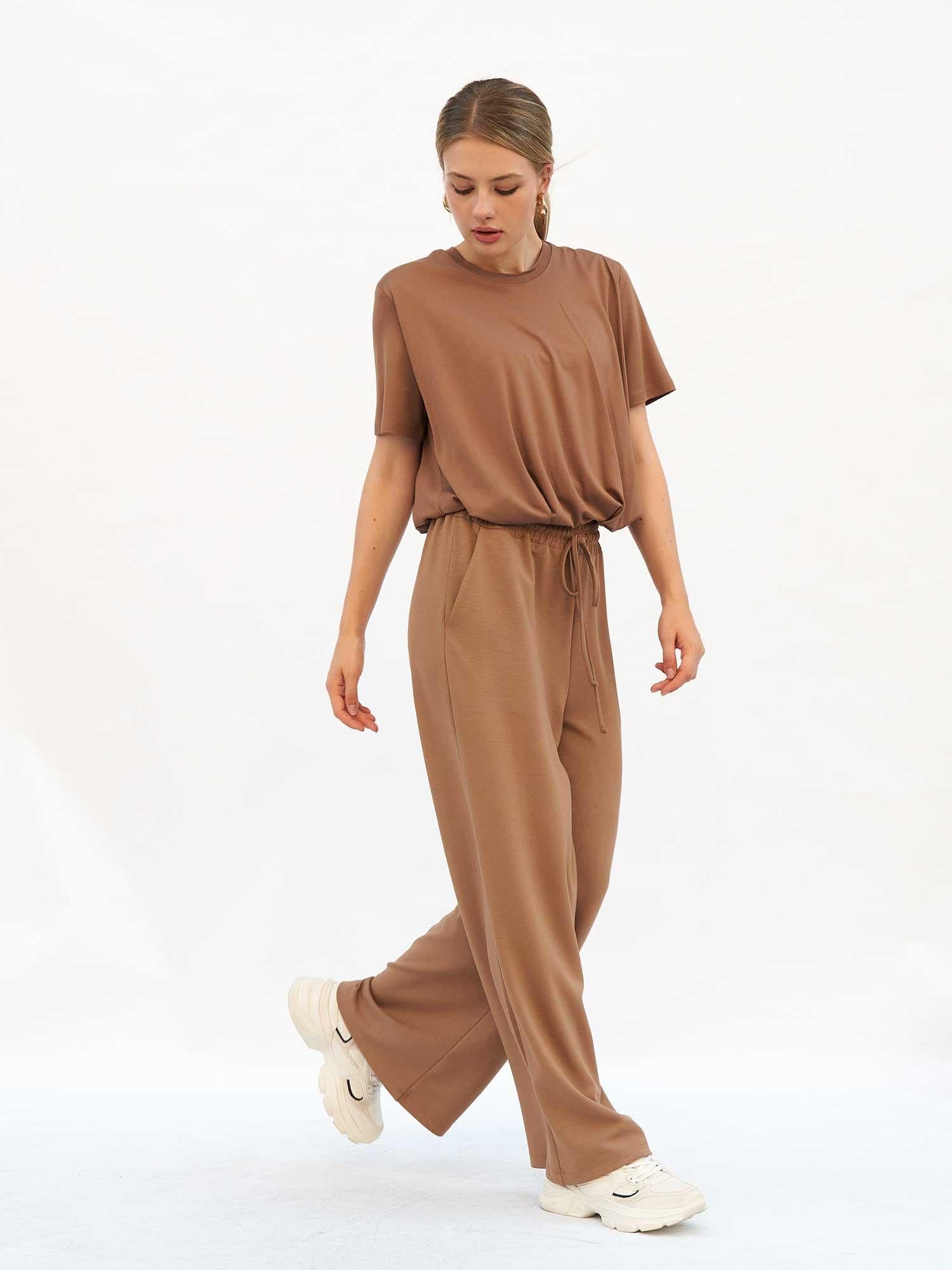 Drawstring Waist Wide-Leg Loungewear Trousers - Taupe Brown - Lefon - by Peralane - photo 6
