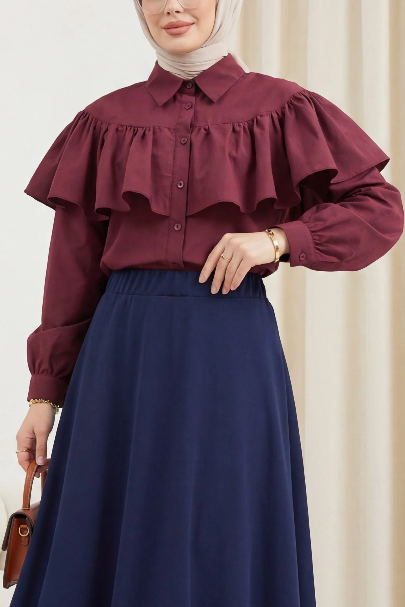 Women's Ruffled Poplin Shirt Blouse - Burgundy - Podyumplus - by Peralane - photo 2