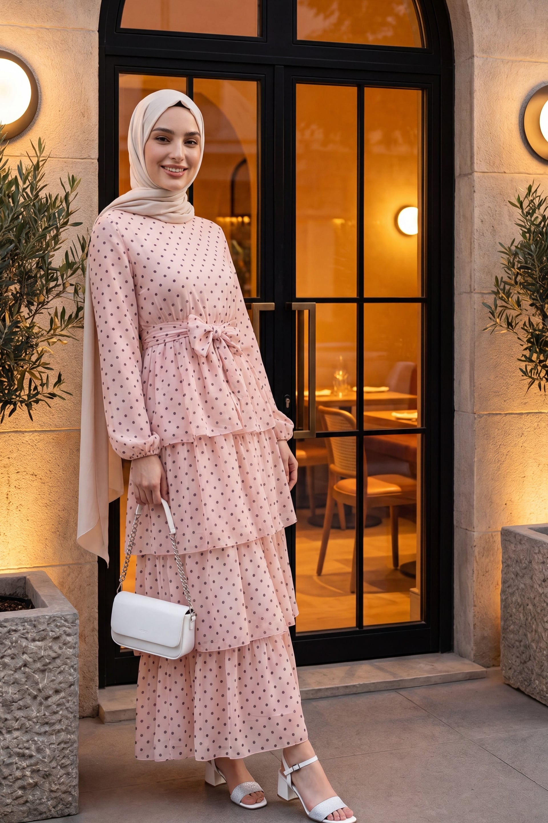 Cross-Tie Tiered Polka Dot Chiffon Dress - Powder Pink - Podyumplus - by Peralane - photo 6