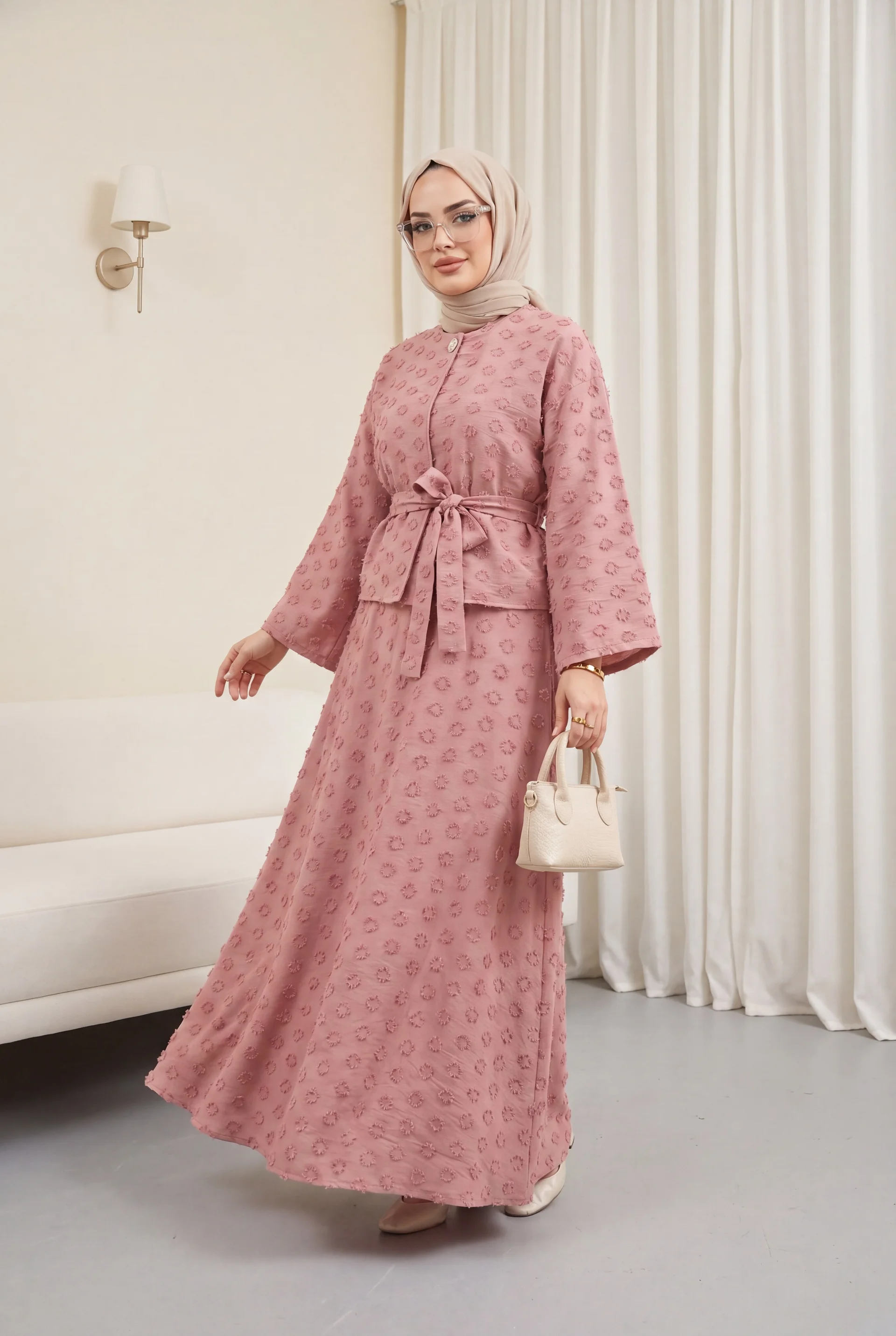 Single Button Embossed Floral Vual Crepe Modest Dress Set - Dusty Rose - Podyumplus - by Peralane