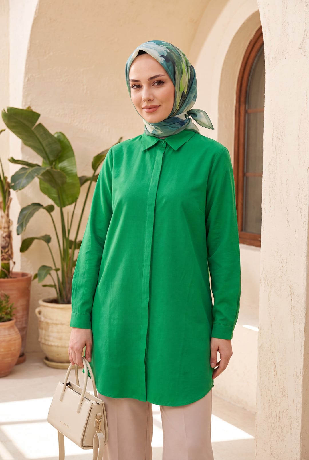 Hidden Button Oval Cut Long Tunic - Green - Podyumplus - by Peralane