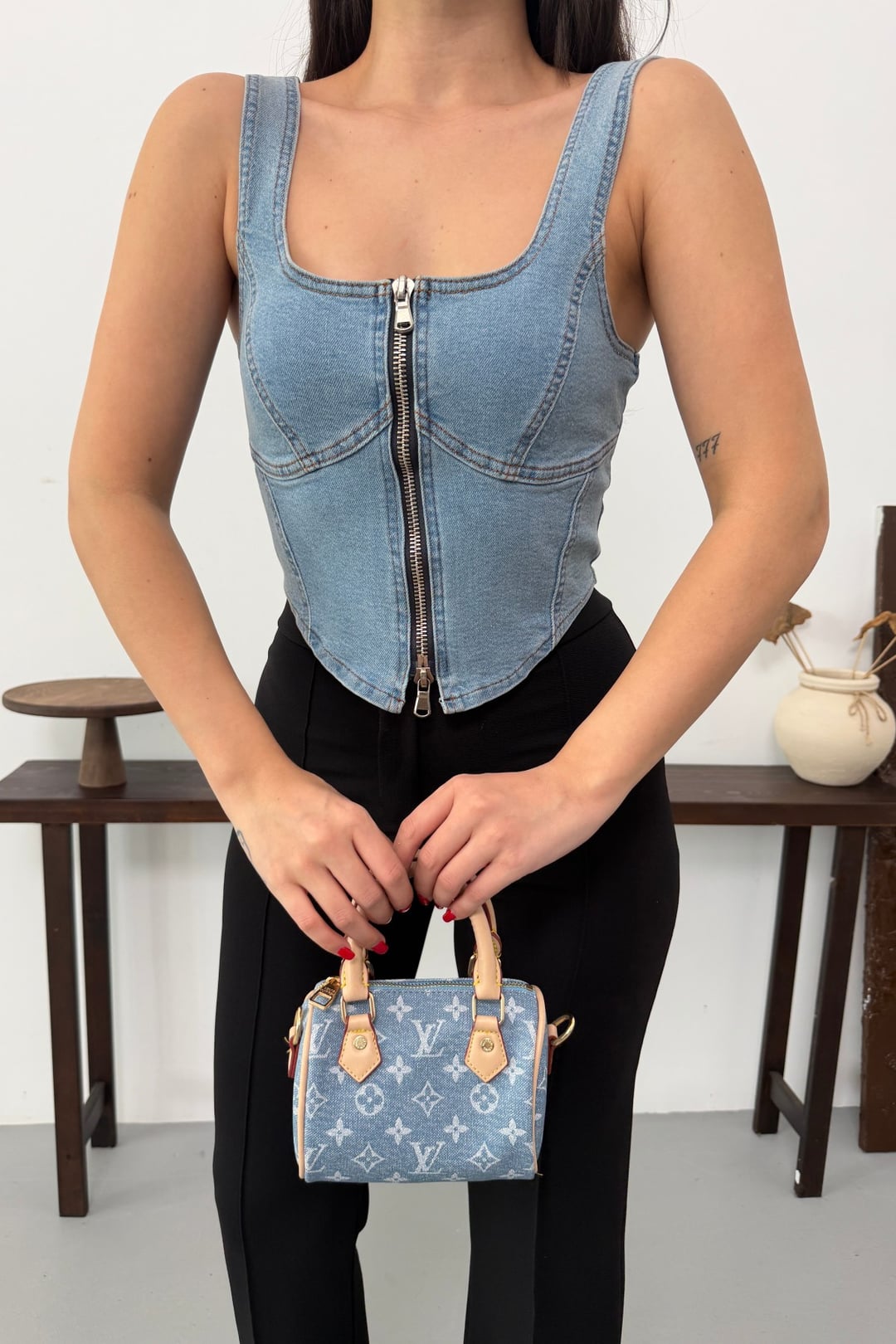 Zip Front Denim Corset Top 411 Medium Blue - Xlove - by Peralane