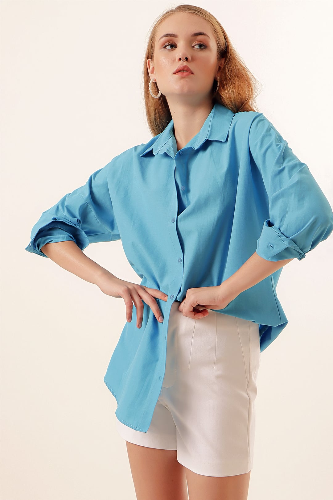 3900 Oversize Long Basic Shirt - Dark Blue - Bigdart - by Peralane