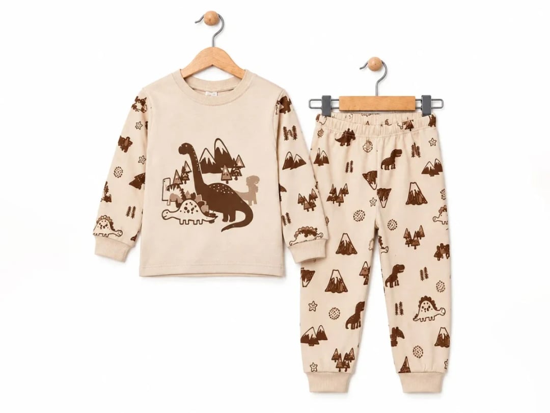 Dino Print Baby Boy Pyjama Set - Beige - Supermini - by Peralane