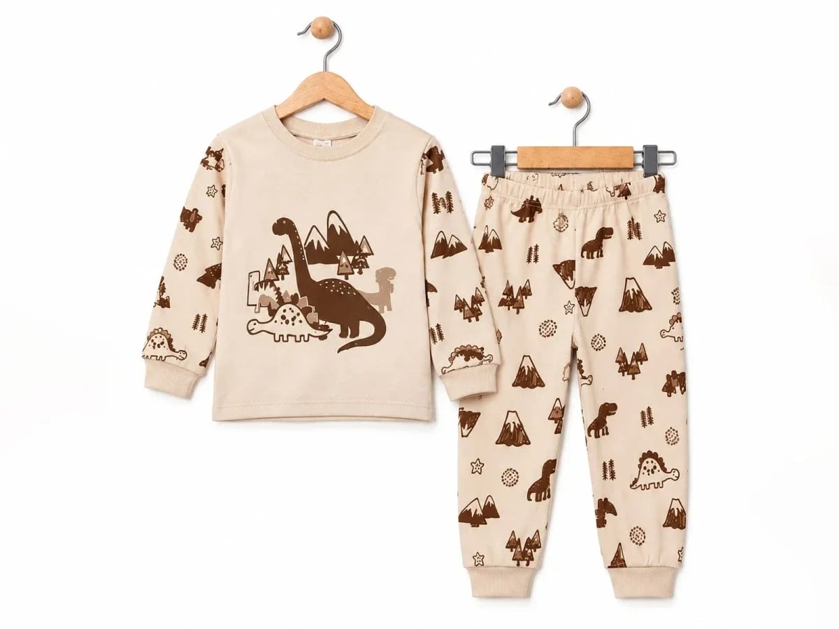 Dino Print Baby Boy Pyjama Set - Beige - Supermini - by Peralane
