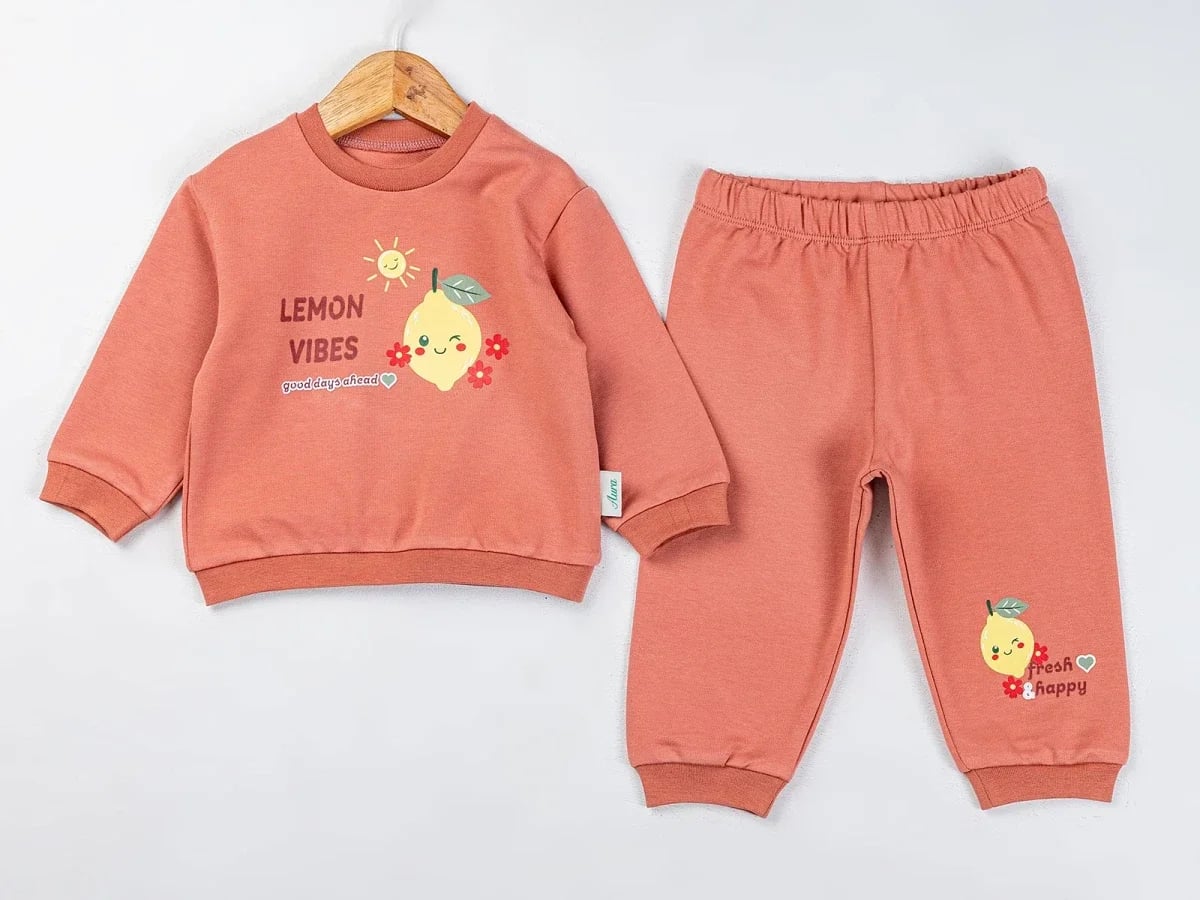 Girls' Lemon Print Sweatshirt and Trousers Set - Dusty Rose - Comix - by Peralane