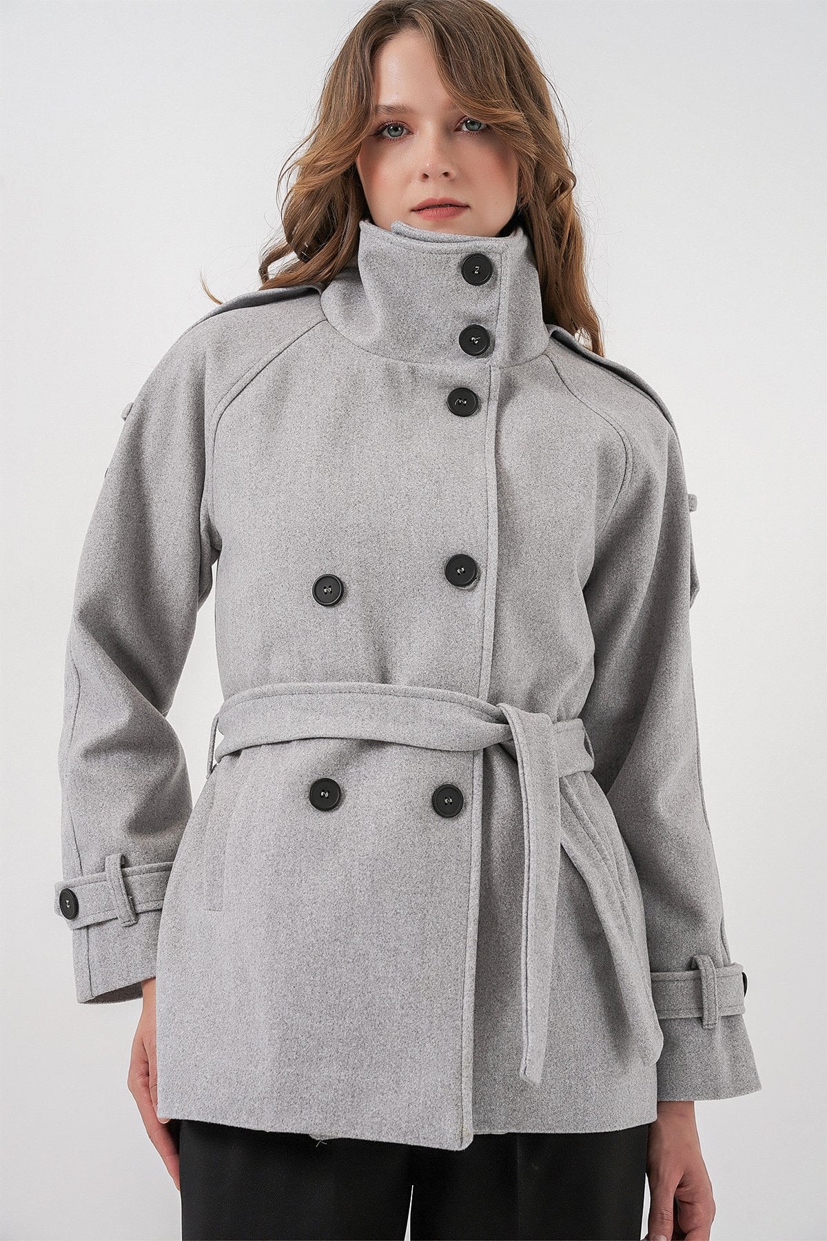 Women's Belted Double-Breasted Wool-Blend Coat - Light Grey - Bigdart - by Peralane - photo 7