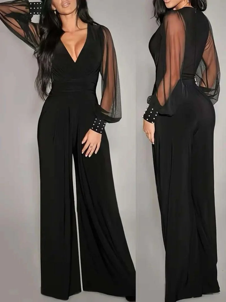 Women's Long-Sleeved Wrap Jumpsuit with Sheer Sleeves, Black Viscose - Janes - by Peralane - photo 3