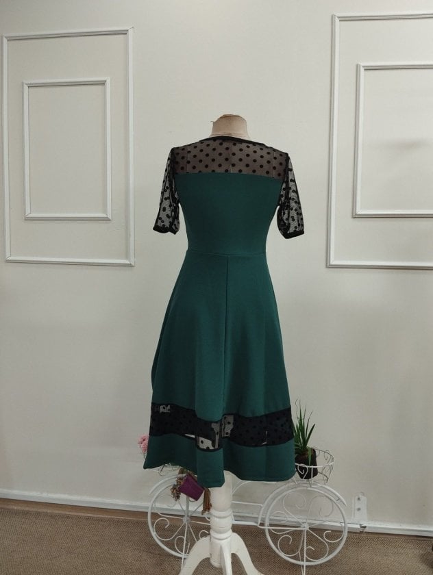 Women's Short-Sleeve Crew Neck Polka Dot Tulle Detail Midi Crepe Dress - Janes - by Peralane - photo 5