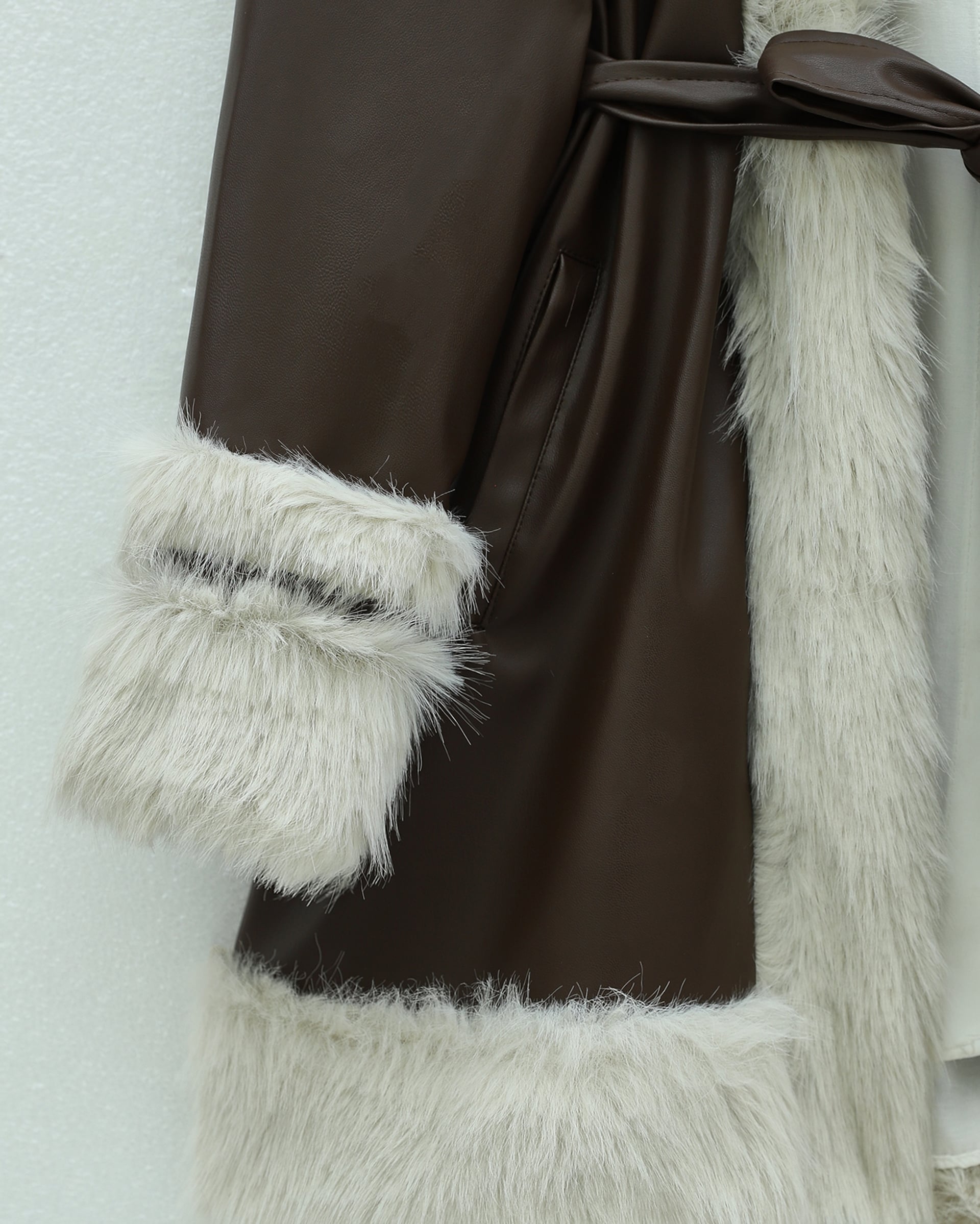 Women's Faux Fur Trimmed Belted Faux Leather Jacket - Brown - Podyumplus - by Peralane - photo 3