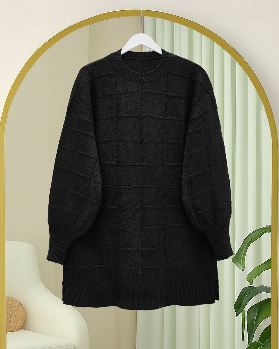 Black Checked Side-Slit Soft Knit Tunic - Podyumplus - by Peralane - photo 2