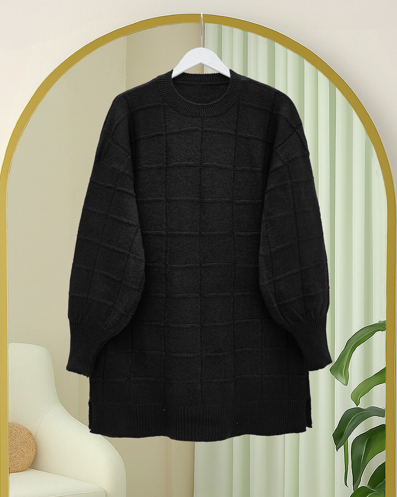Black Checked Side-Slit Soft Knit Tunic - Podyumplus - by Peralane - photo 2