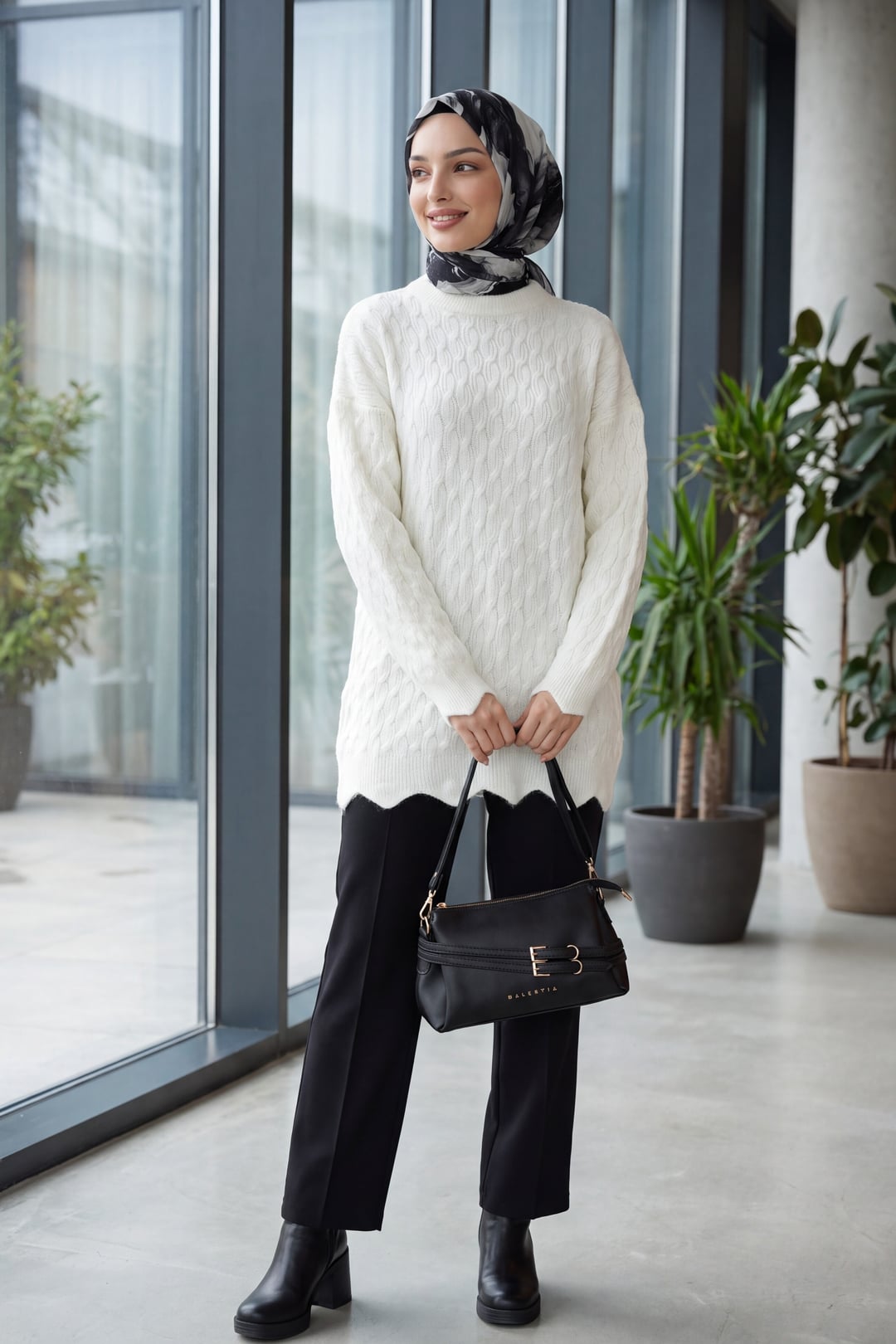 Chain Patterned Bicycle Neck Loose Knit Tunic - White - Podyumplus - by Peralane - photo 3