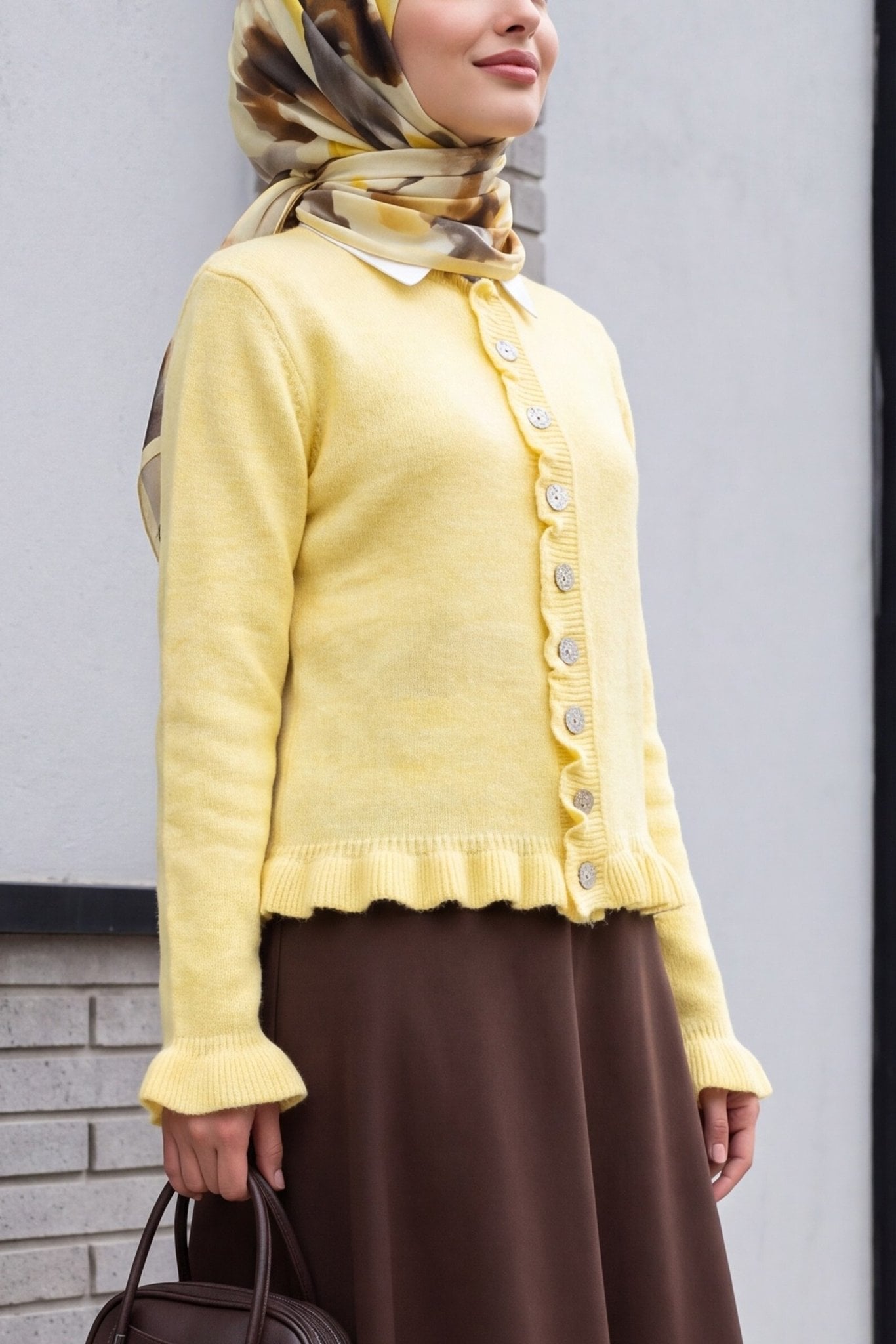 Light Yellow Ruffled Trim Button-Front Cardigan - Podyumplus - by Peralane