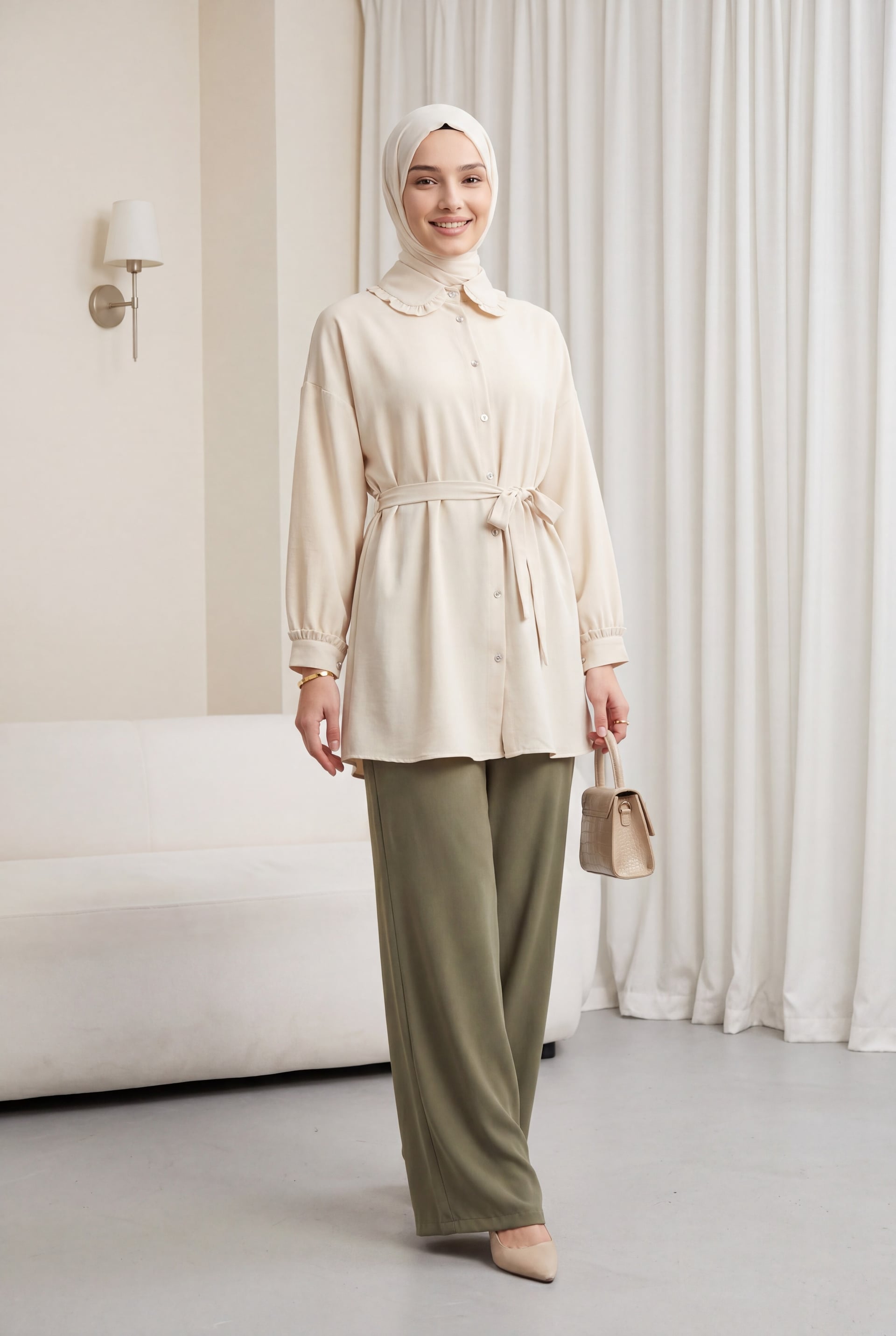 Stone Button Bow Peter Pan Collar Imported Crepe Tunic - Beige - Podyumplus - by Peralane - photo 4