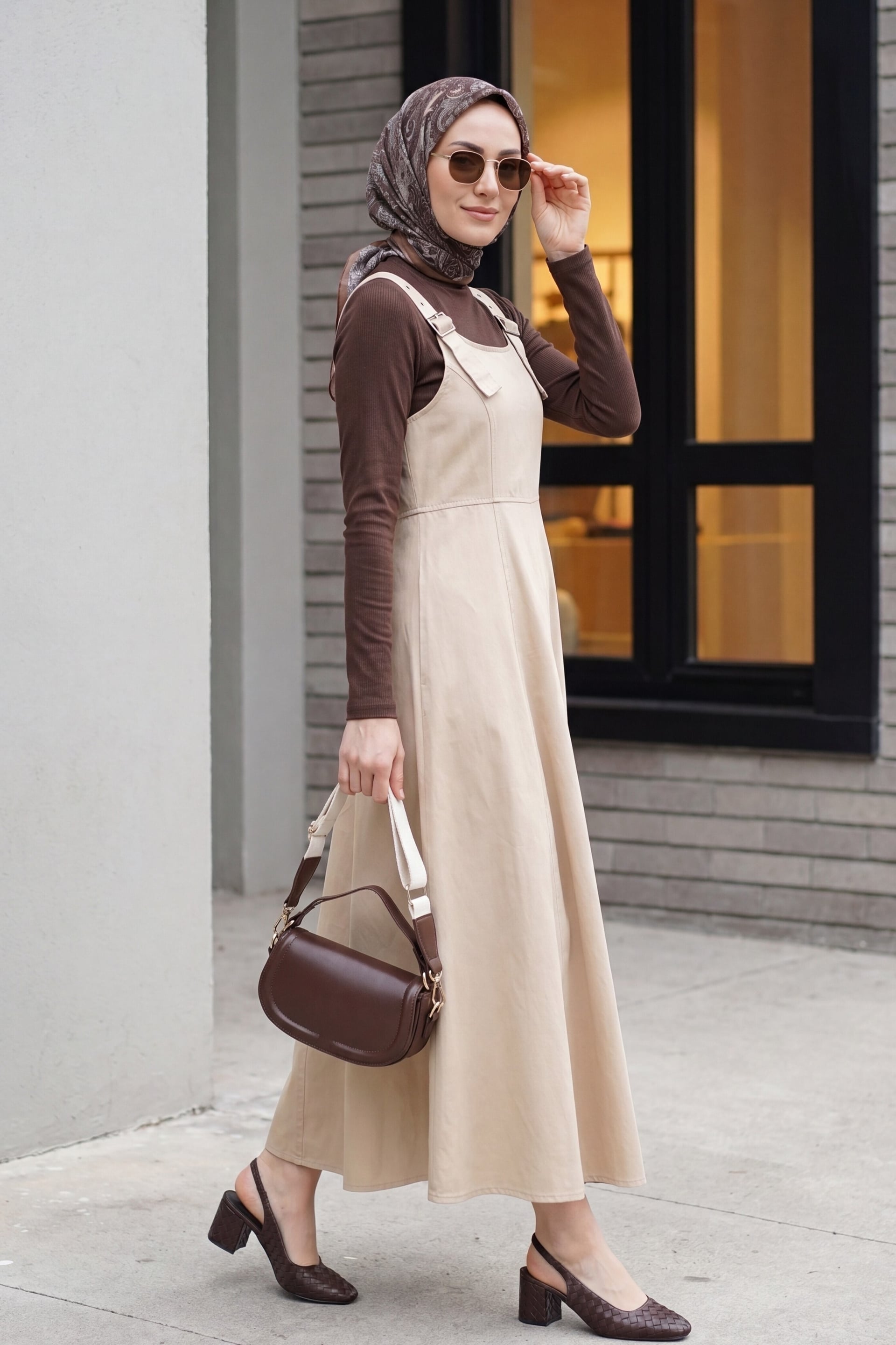 Half Zip Strap Gabardine Pinafore Dress - Beige - Podyumplus - by Peralane - photo 3