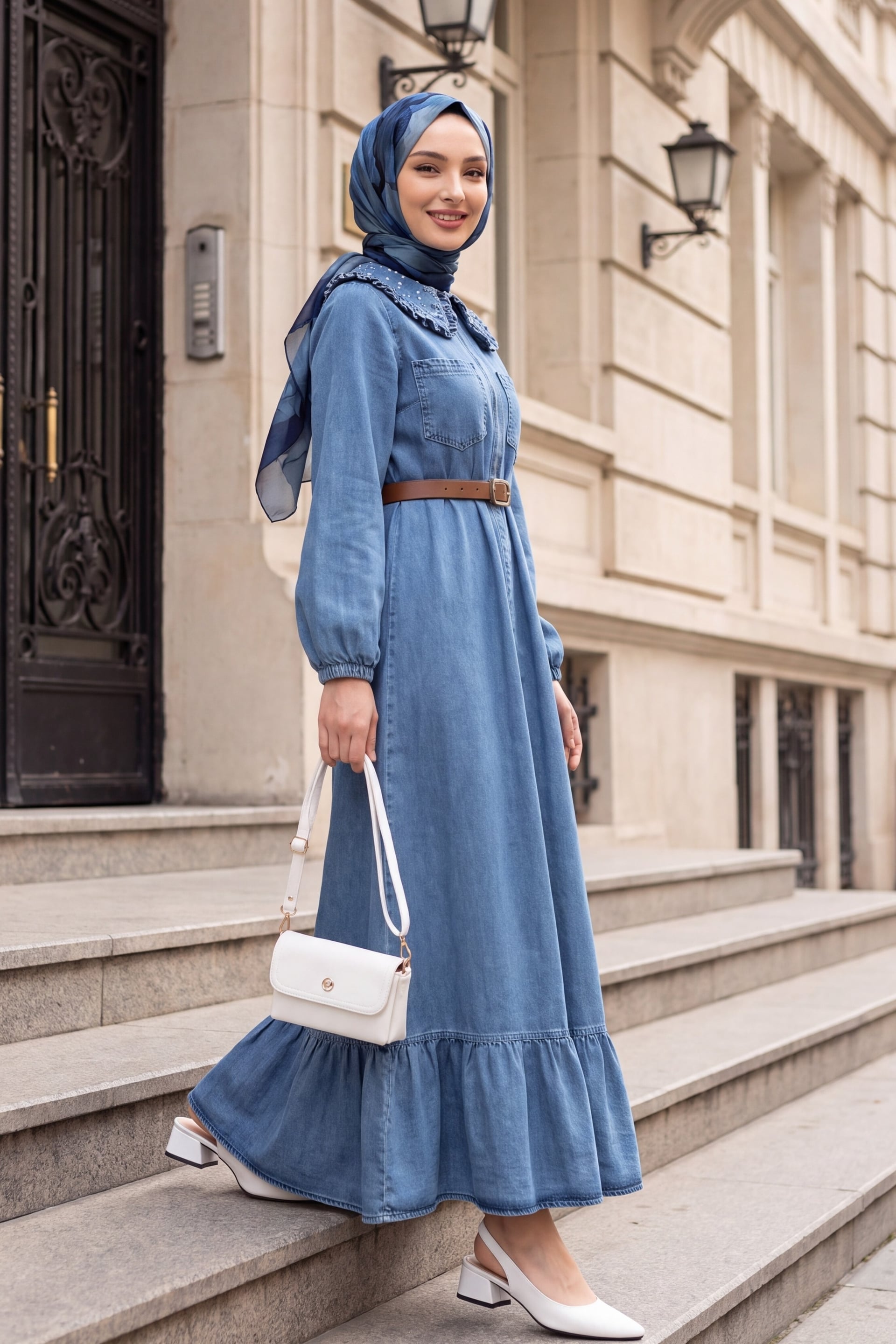 Bebe Collar Half Zip Pearl Detail Belted Denim Dress - Ice Blue - Podyumplus - by Peralane - photo 4