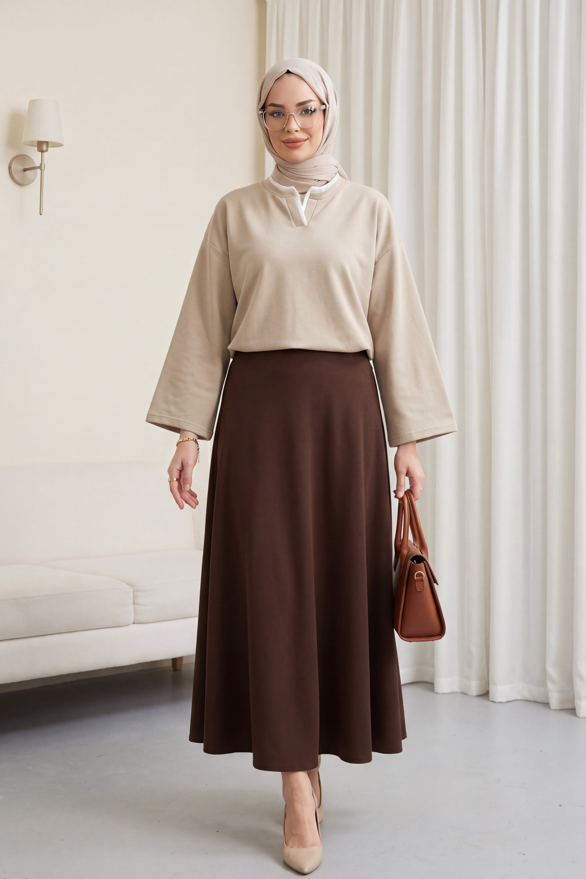 V-Neck Double Layer 2-Thread Jersey Blouse - Light Beige - Podyumplus - by Peralane - photo 4