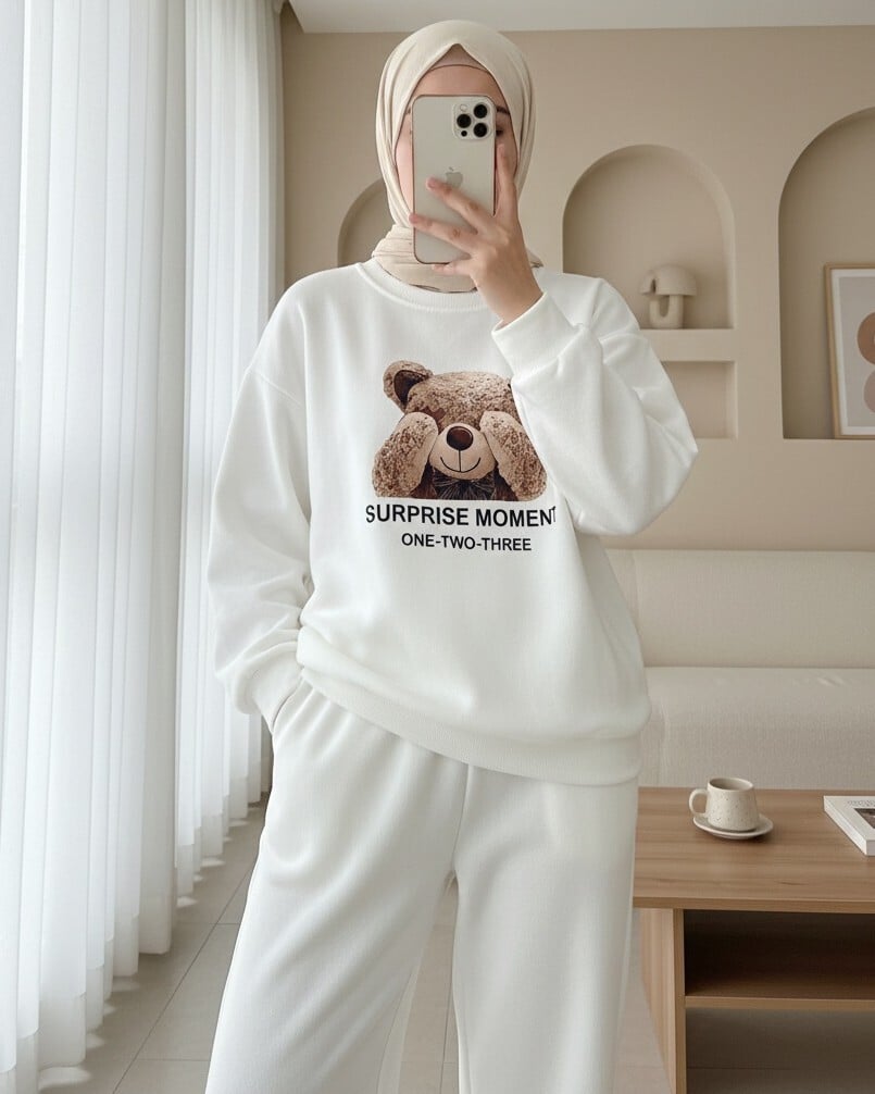 Teddy Bear Printed Brushed 3-Thread Sweatshirt and Wide-Leg Trousers Set - White - Podyumplus - by Peralane - photo 2