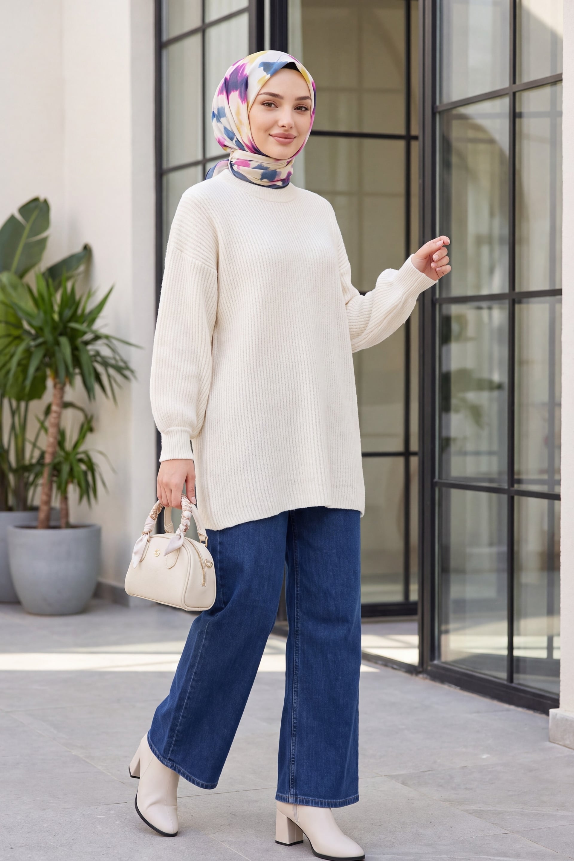 Crew Neck Relaxed Knit Tunic - Ecru - Podyumplus - by Peralane - photo 3