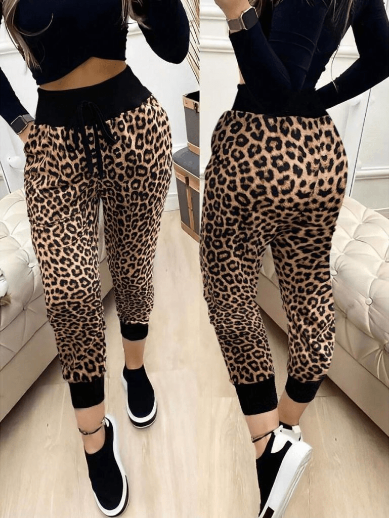 Women's High Waist Drawstring Leopard Print Two-Thread Knit Trousers - Janes - by Peralane