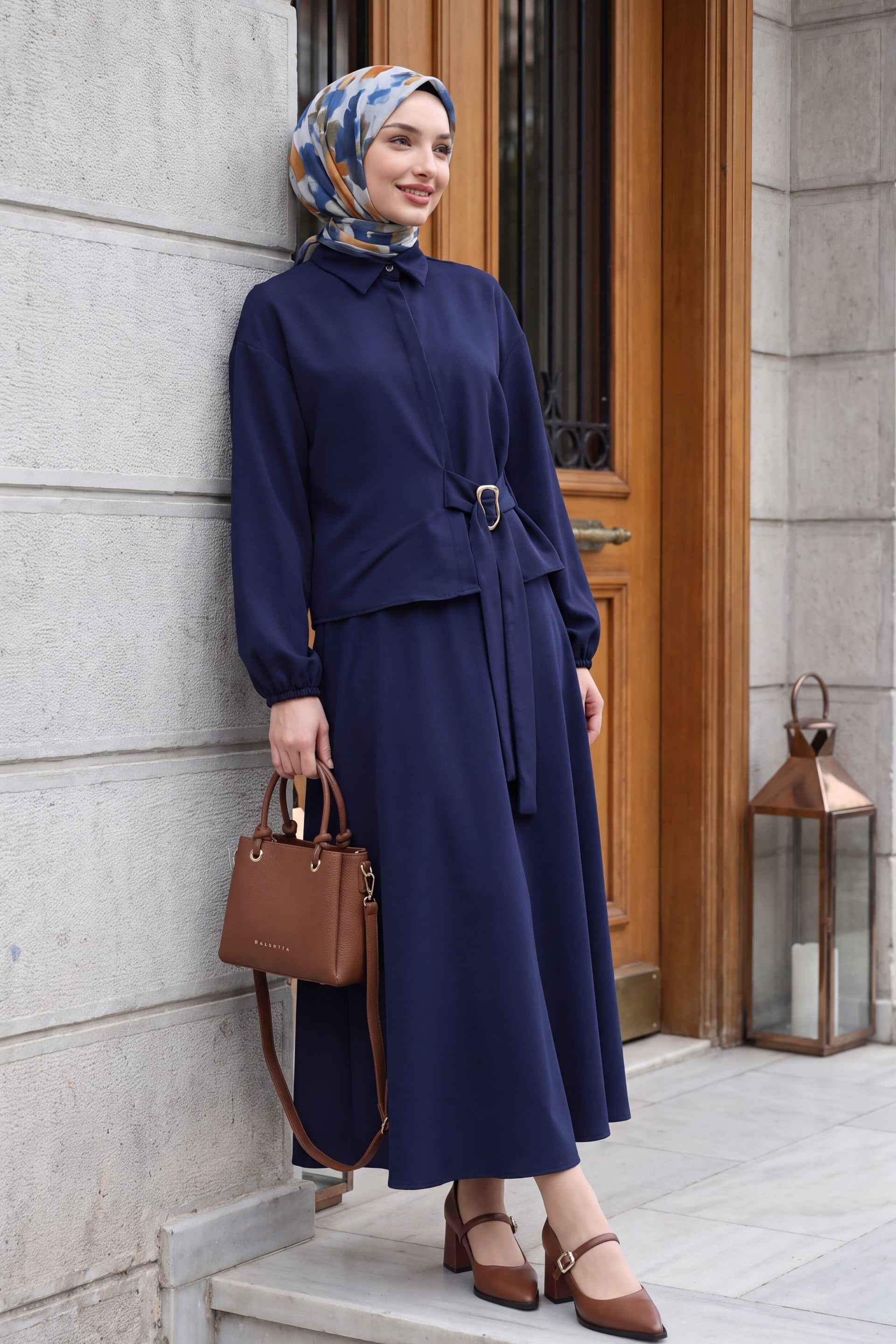 Navy Blue Crepe Modest Dress Set with Belt and Elastic Cuffs - Podyumplus - by Peralane - photo 2