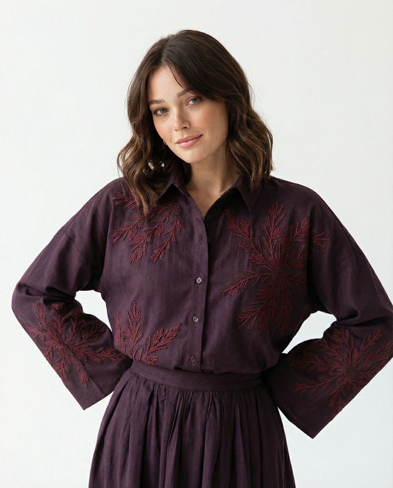 Women's Plum Embroidered Shirt and Maxi Skirt Co-ord Set - Fame - by Peralane - photo 3