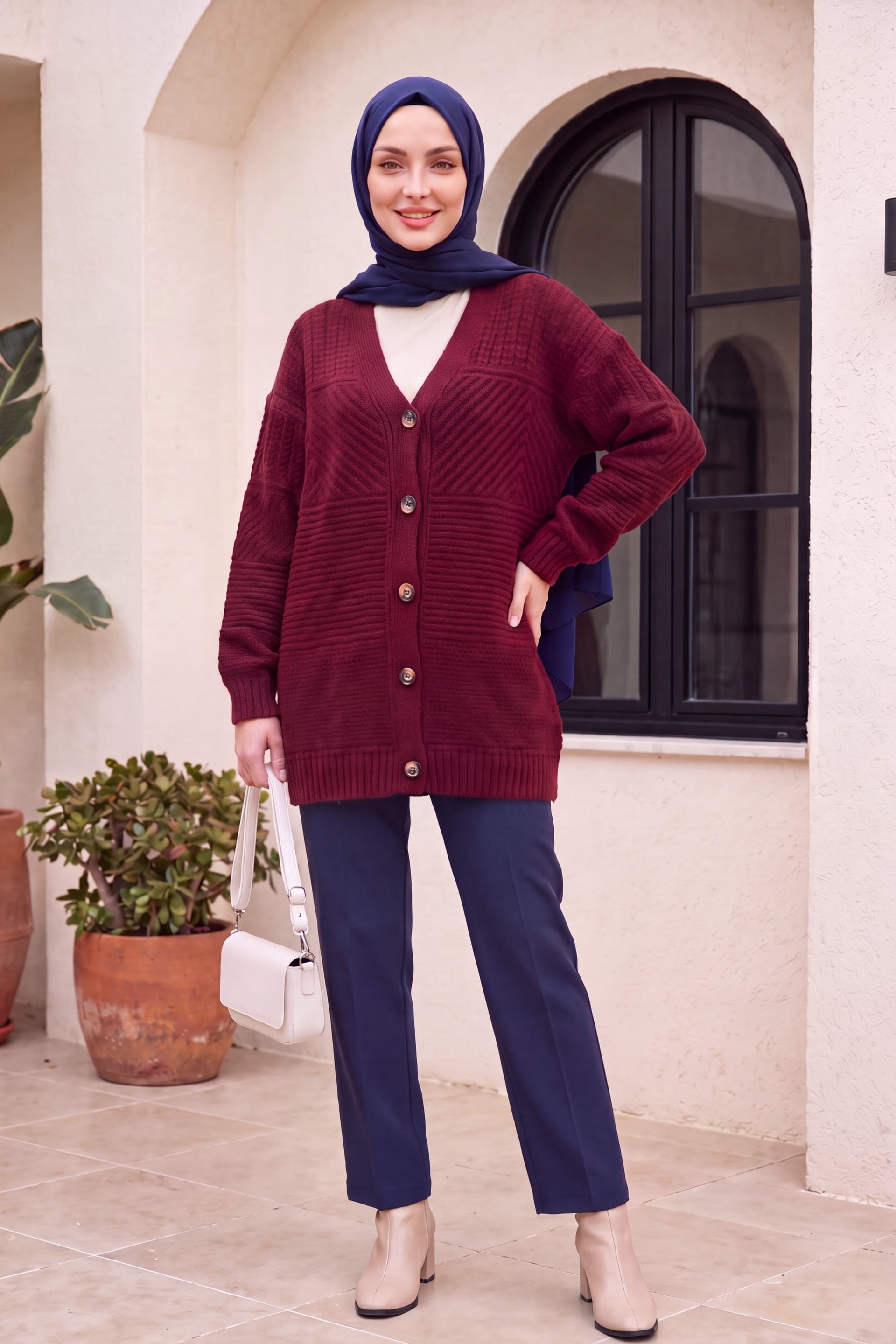 Button-Front V-Neck Relaxed Knit Cardigan - Burgundy - Podyumplus - by Peralane - photo 3