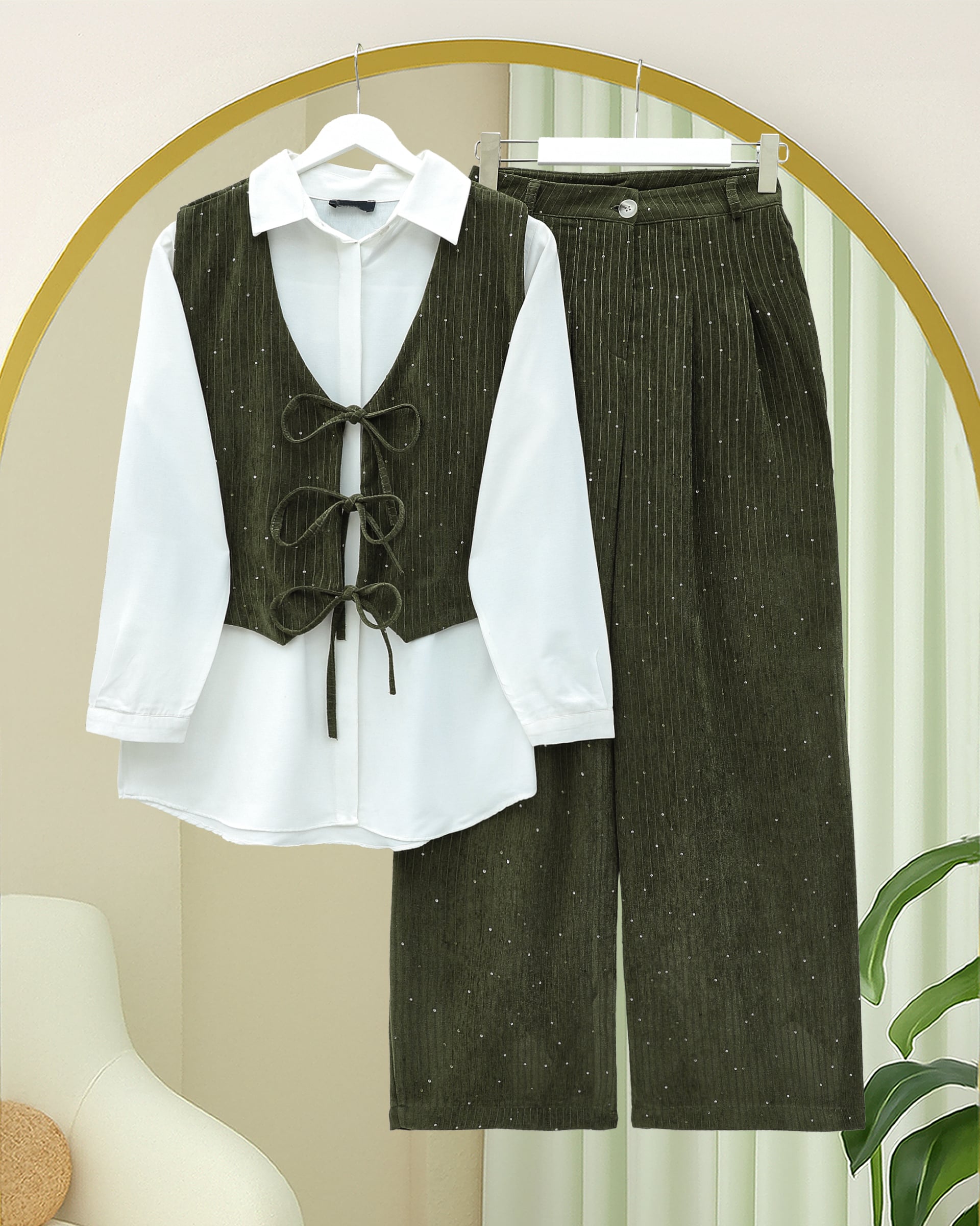 Tie-Front Vest and Pants Corduroy Set - Khaki - Podyumplus - by Peralane - photo 3