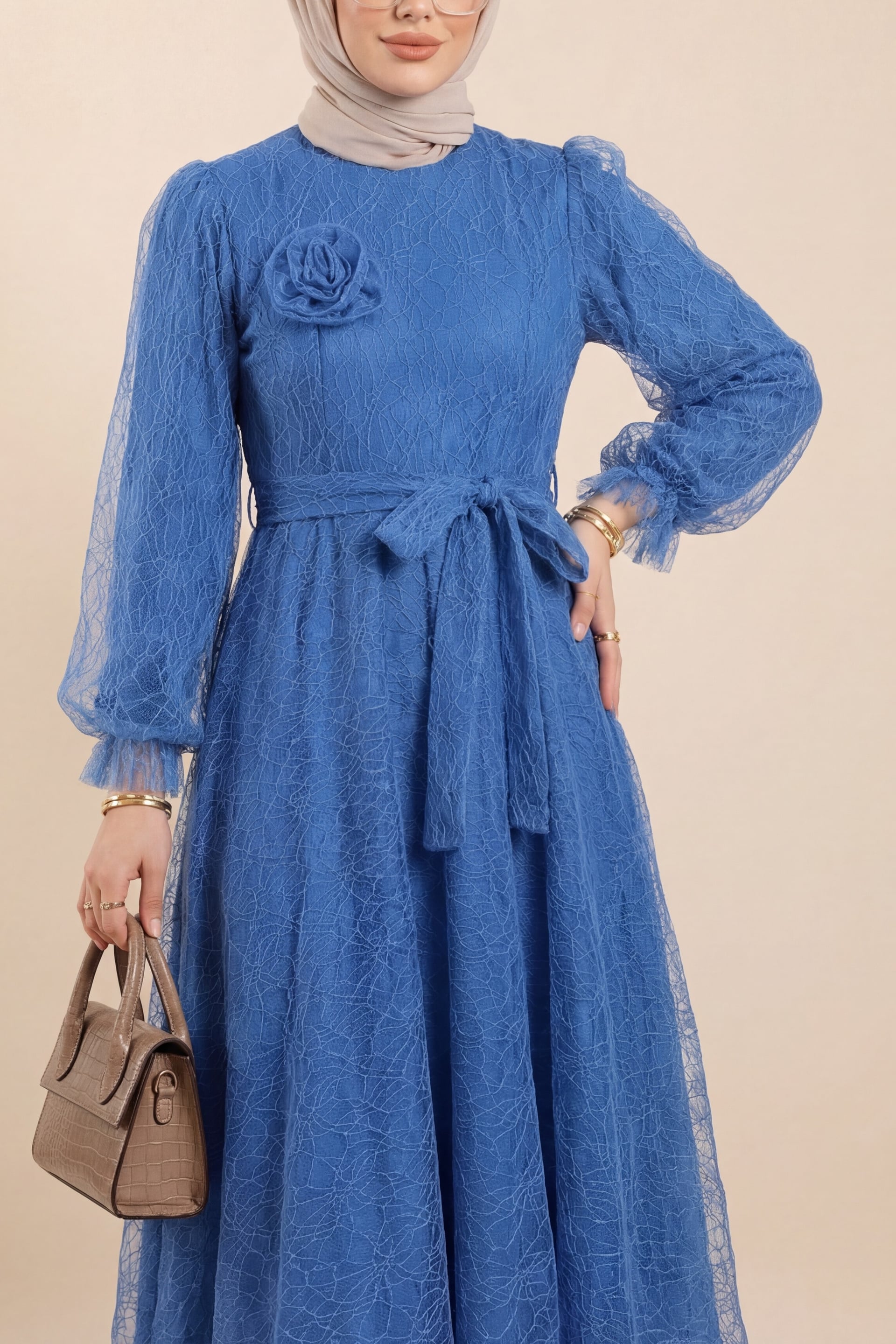 Blue Sequined Tulle Evening Dress with Belted Waist and Balloon Sleeves - Podyumplus - by Peralane - photo 2