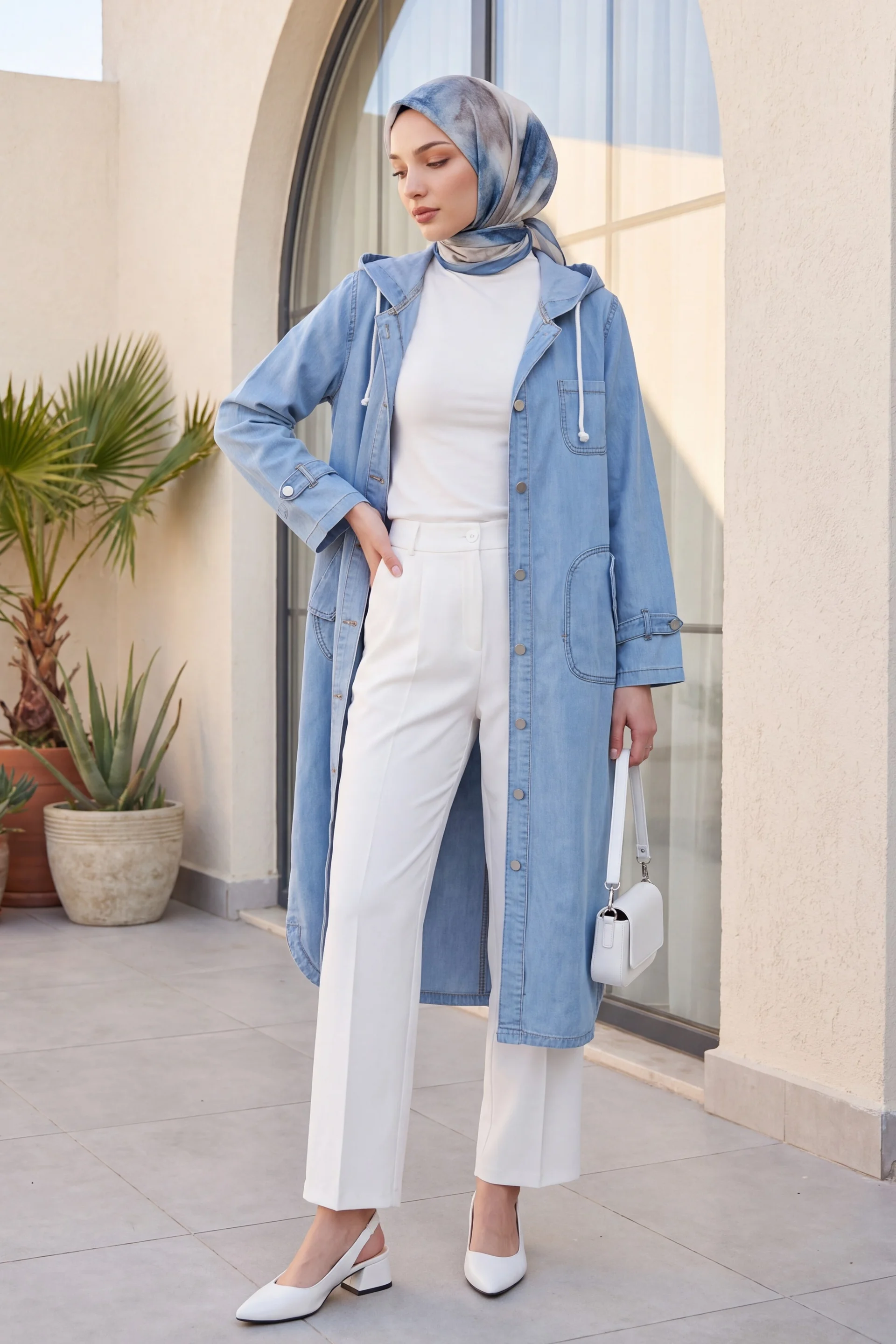 Long Denim Jacket with Hood - Light Blue - Podyumplus - by Peralane - photo 4