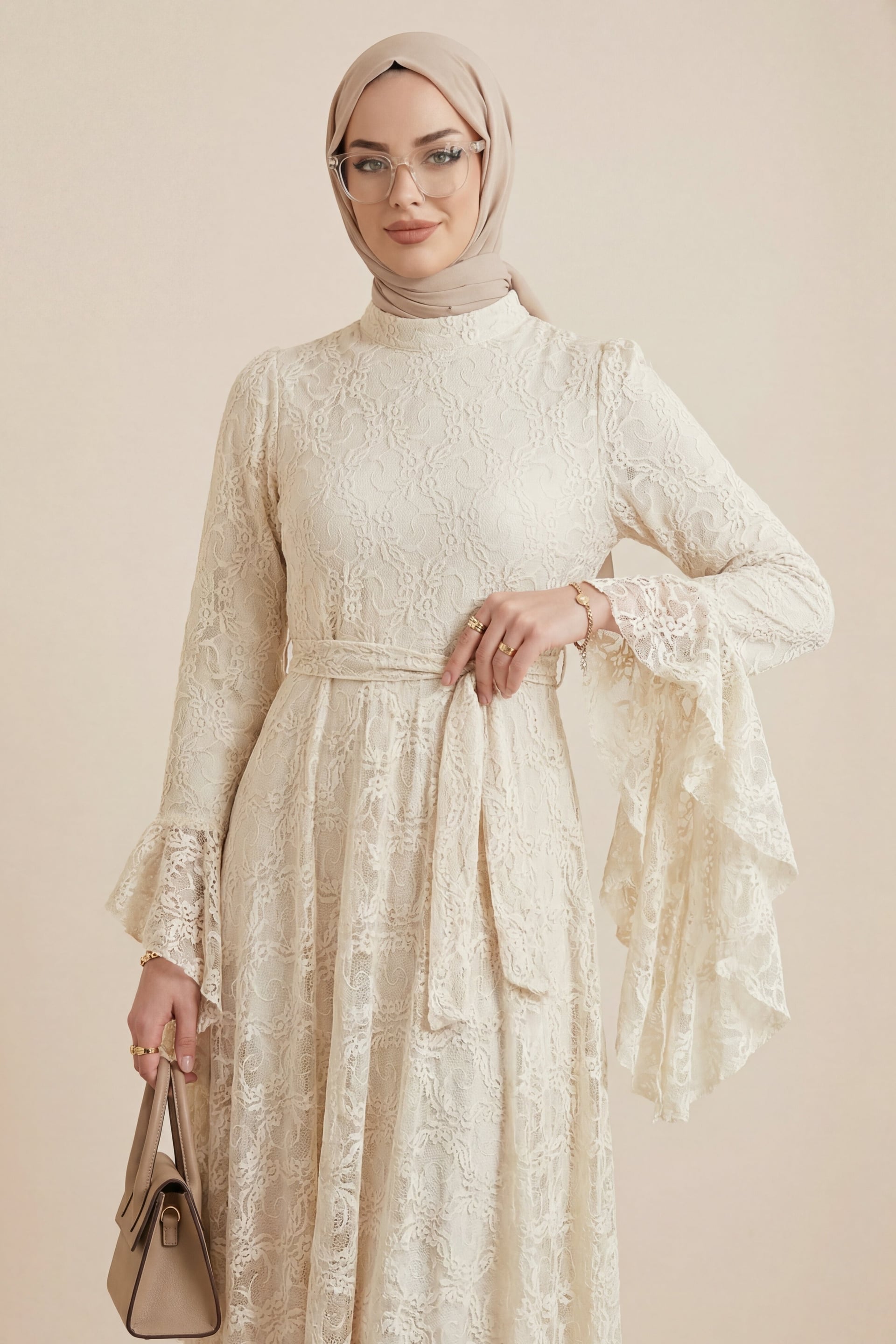 Floral Lace High Neck Long Sleeve Belted Lined Dress - Light Beige - Podyumplus - by Peralane - photo 2