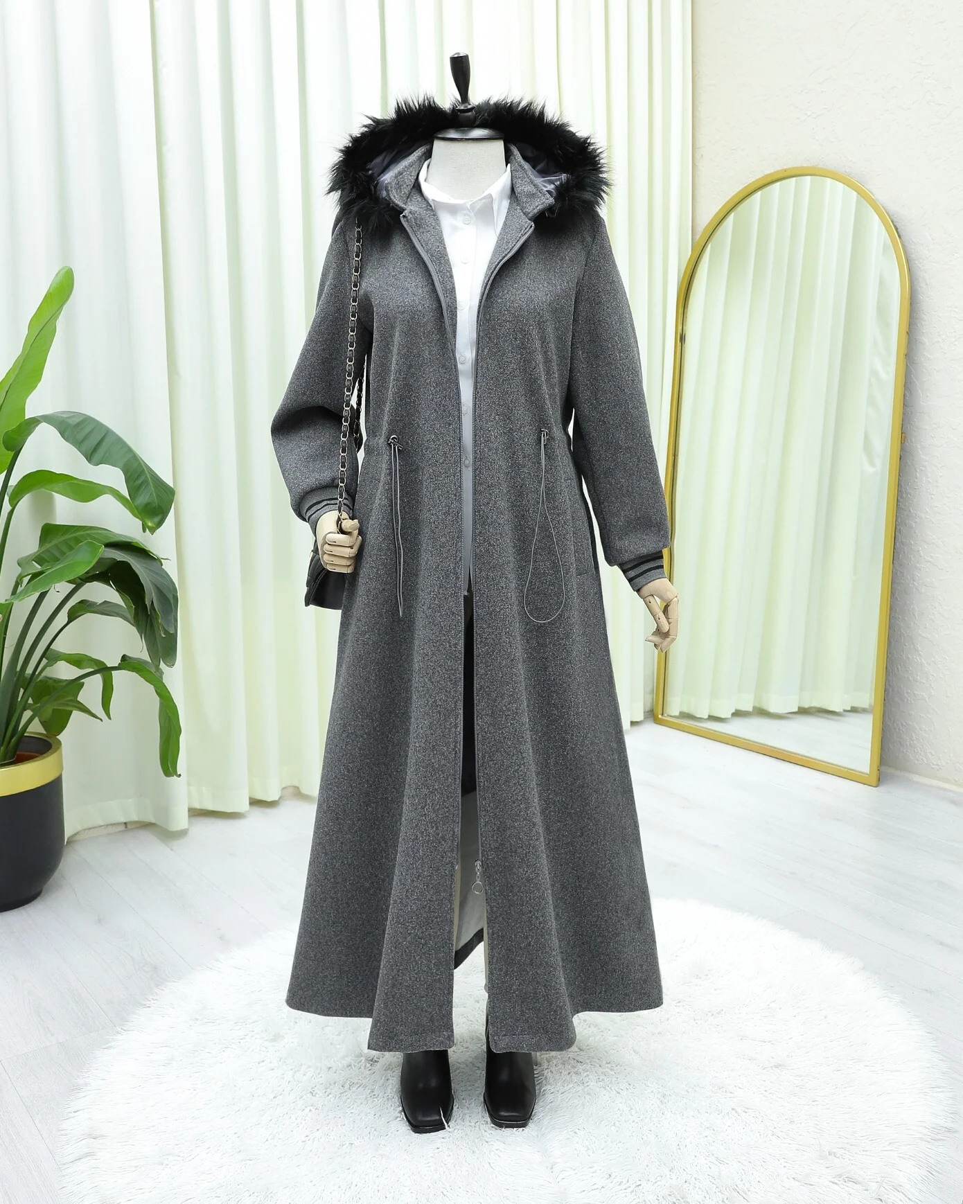 Hooded Drawstring Waist Faux Fur Trim Wool Blend Coat - Smoke - Podyumplus - by Peralane - photo 4