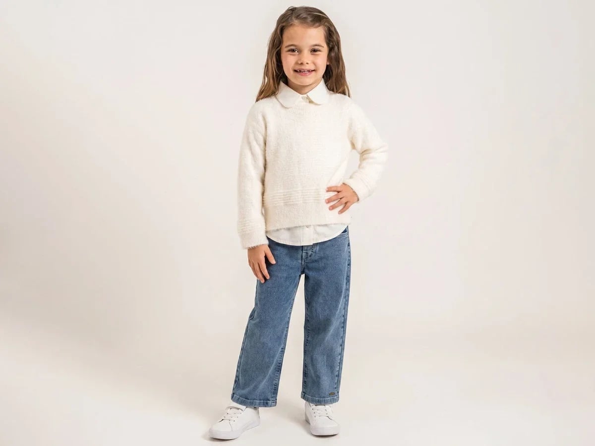 Girl's 3-Piece Set with Textured Sweater, Collared Shirt, and Jeans - Pampal Kids - by Peralane