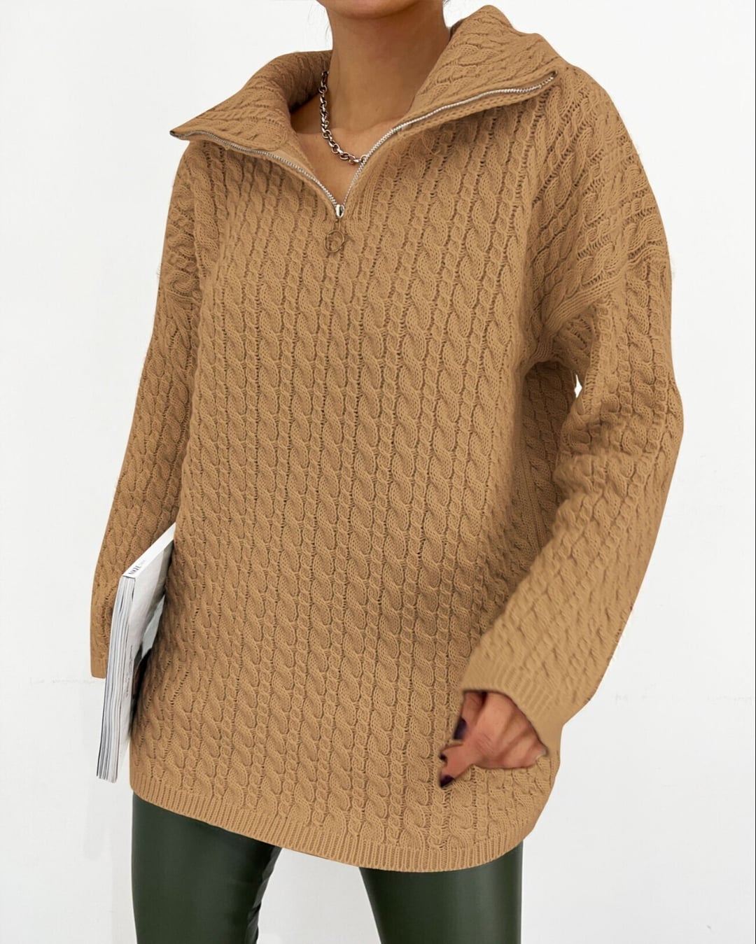Half-Zip Cable-Knit Sweatshirt in Camel - Podyumplus - by Peralane