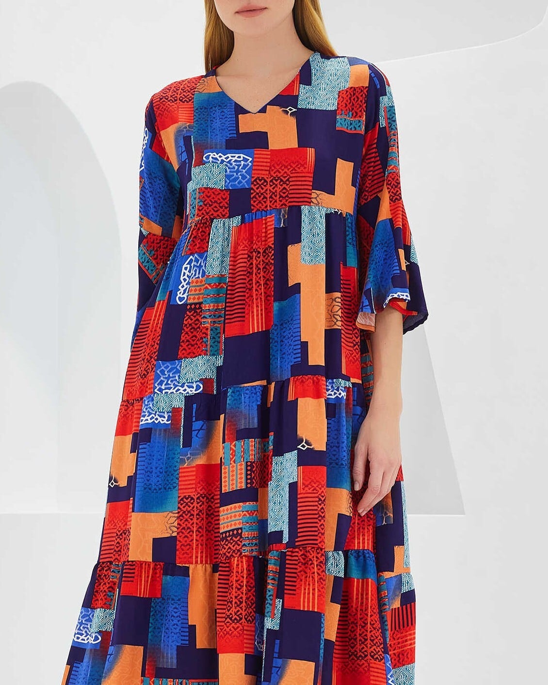 Women's Red Viscose Dress with Abstract Patchwork Print and 3/4 Sleeves - Bigdart - by Peralane - photo 2