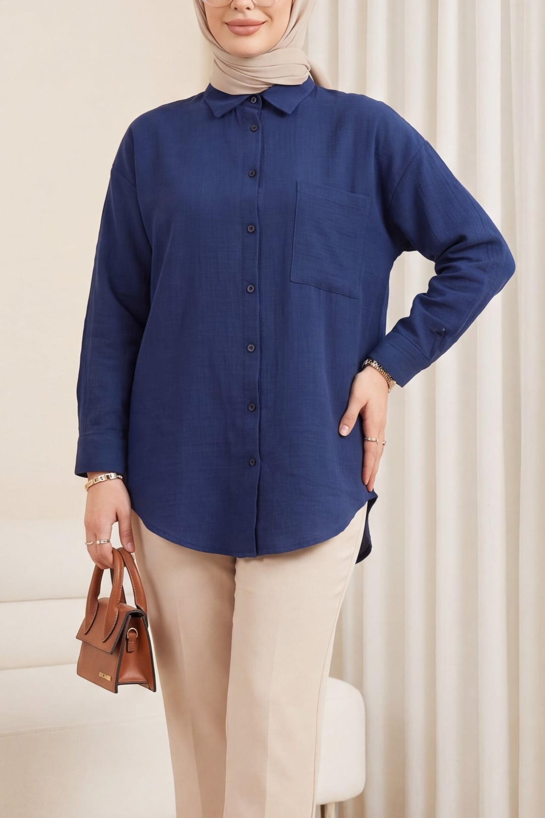 Oval Cut Muslin Blouse - Navy Blue - Podyumplus - by Peralane