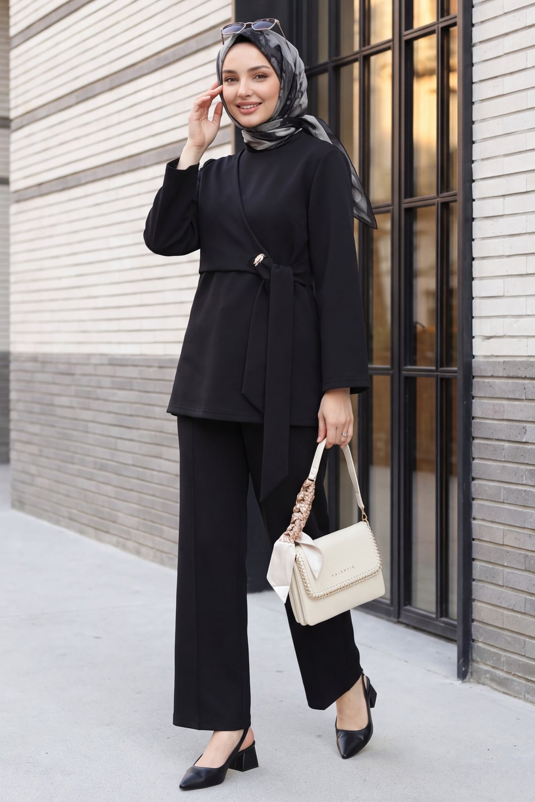 Black Scuba Wrap-Front Top and Wide-Leg Trousers Set - Podyumplus - by Peralane - photo 5