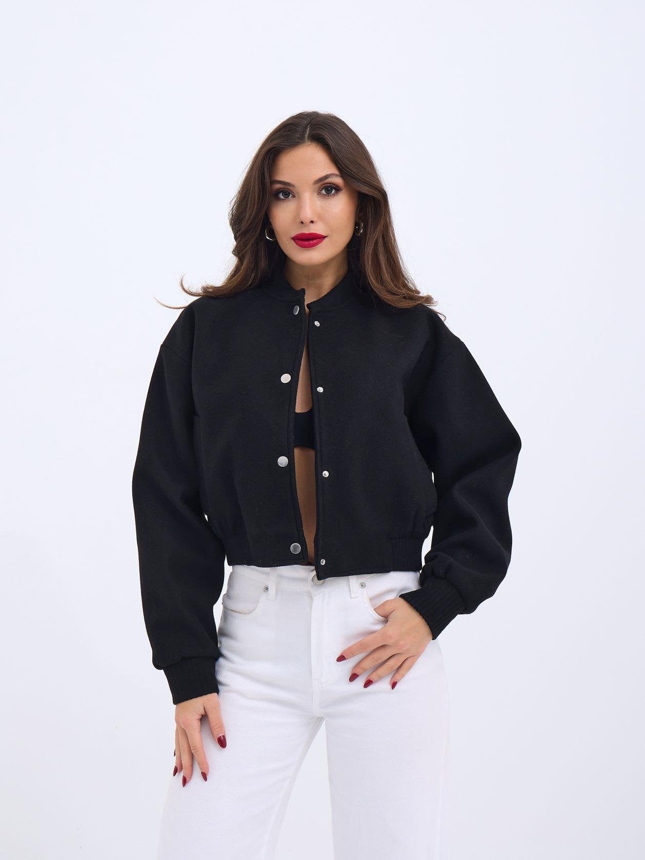 Black Cropped Bomber Jacket for Women - Fame - by Peralane