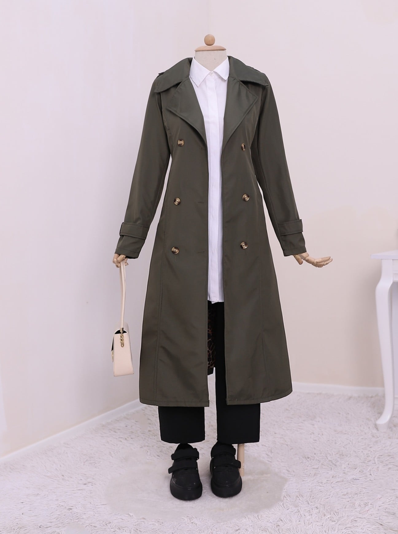 Double-Breasted Belted Trench Coat with Leopard Print Lining - Khaki Green - Podyumplus - by Peralane - photo 4