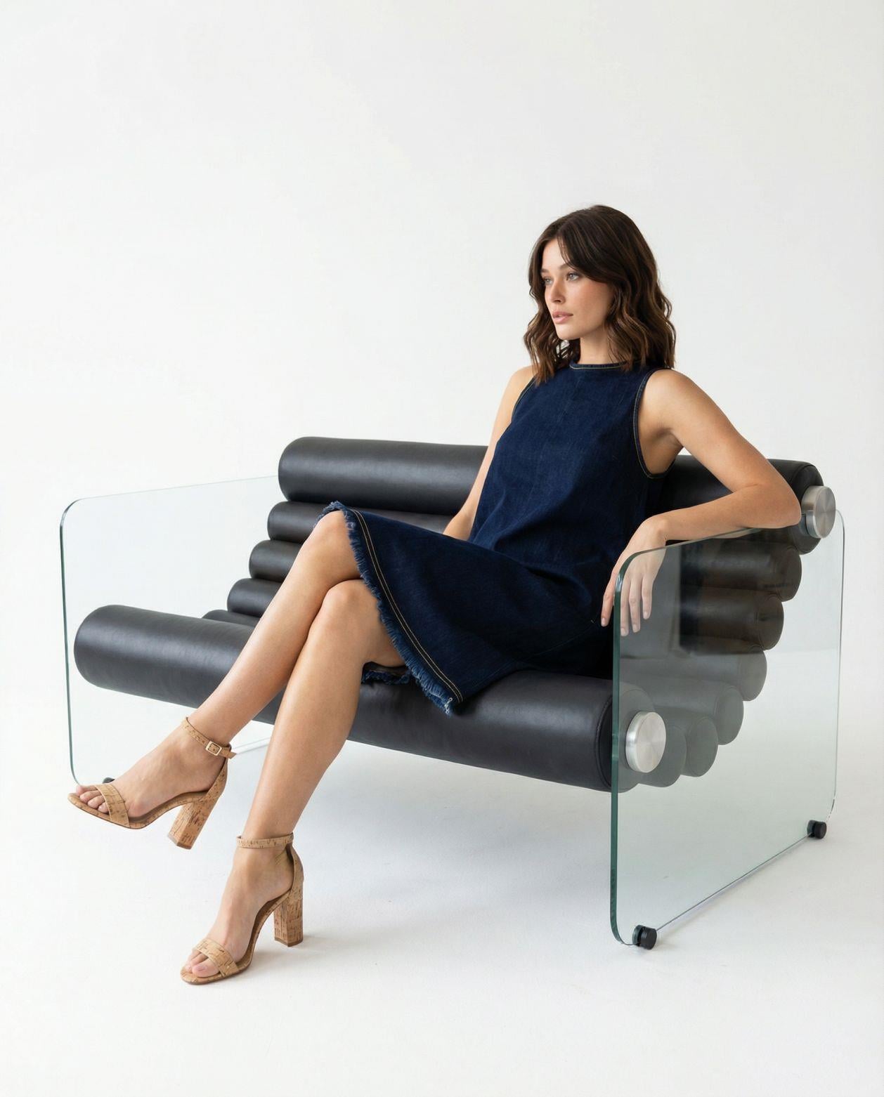 Sleeveless Denim A-Line Dress in Dark Blue - Fame - by Peralane - photo 3