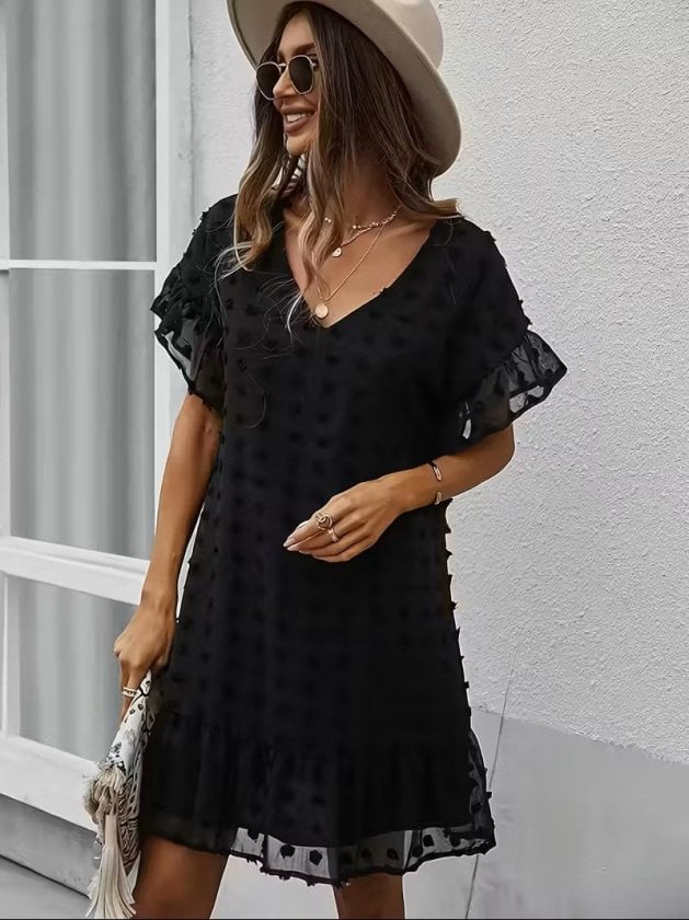 Women's Short Sleeve V-Neck Polka Dot Chiffon Dress - Janes - by Peralane - photo 5