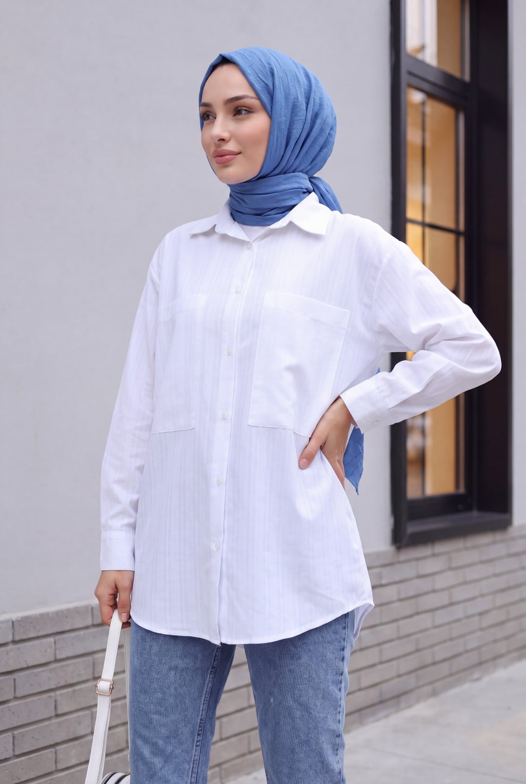 White Cotton Blend Two-Pocket Long-Back Blouse with Button Front - Podyumplus - by Peralane