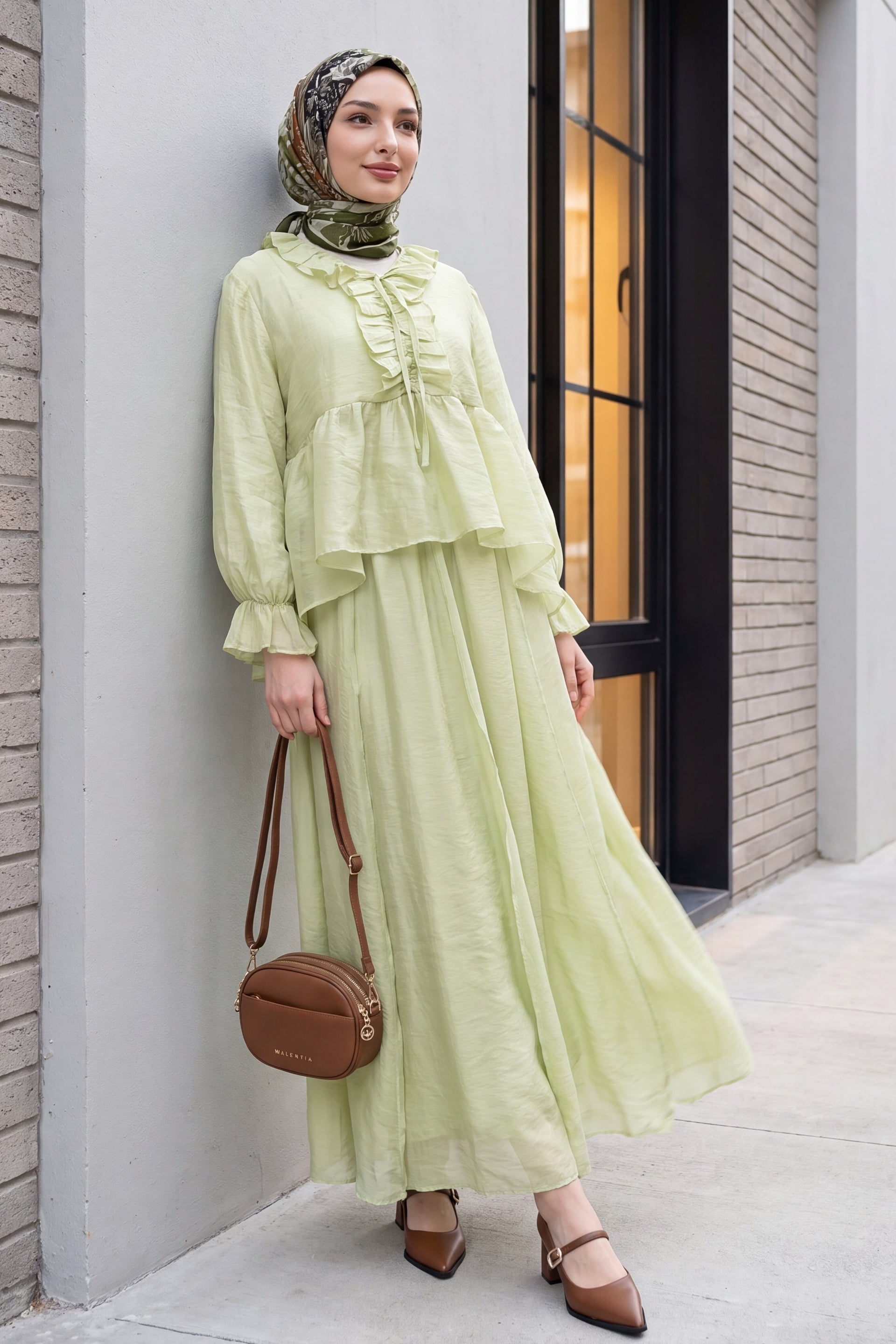 Tie-Neck Ruffled Sleeve Asymmetric Tulle Voile Co-ord Set in Pale Green - Podyumplus - by Peralane - photo 4
