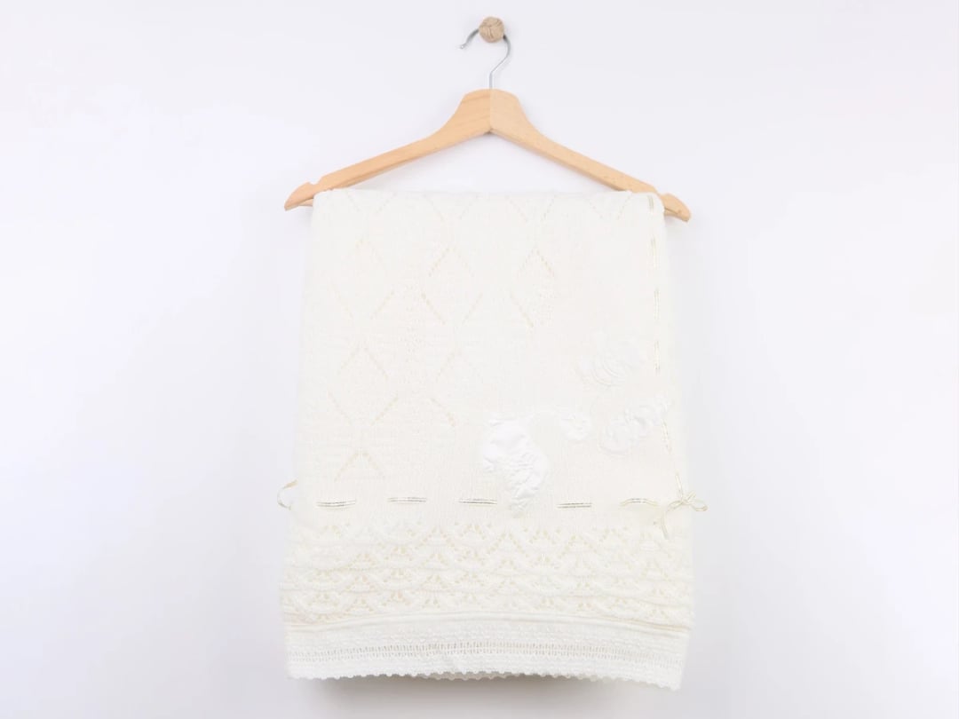 White Knitted Baby Blanket with Stork Embroidery - Mizmiz - by Peralane