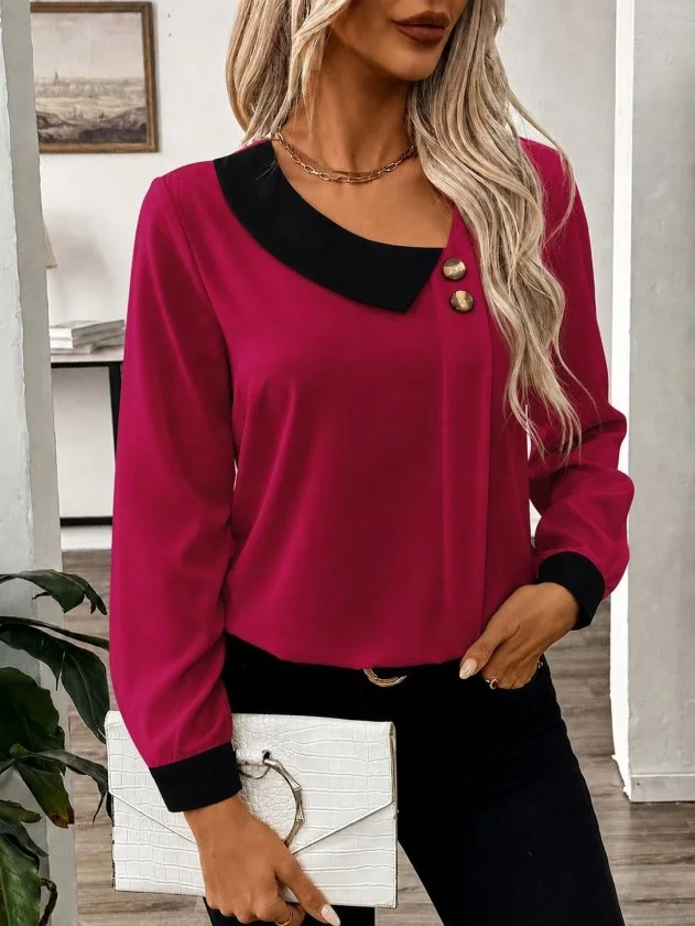 Women's Long Sleeve Asymmetric Neckline Button Crepe Blouse - Janes - by Peralane