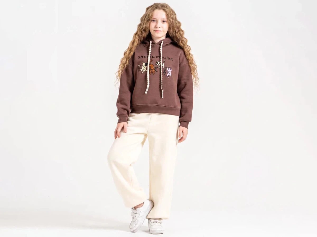 Cat Print Hooded 3-Thread Fleece Girl's Suit - ÖZ Bebe - by Peralane