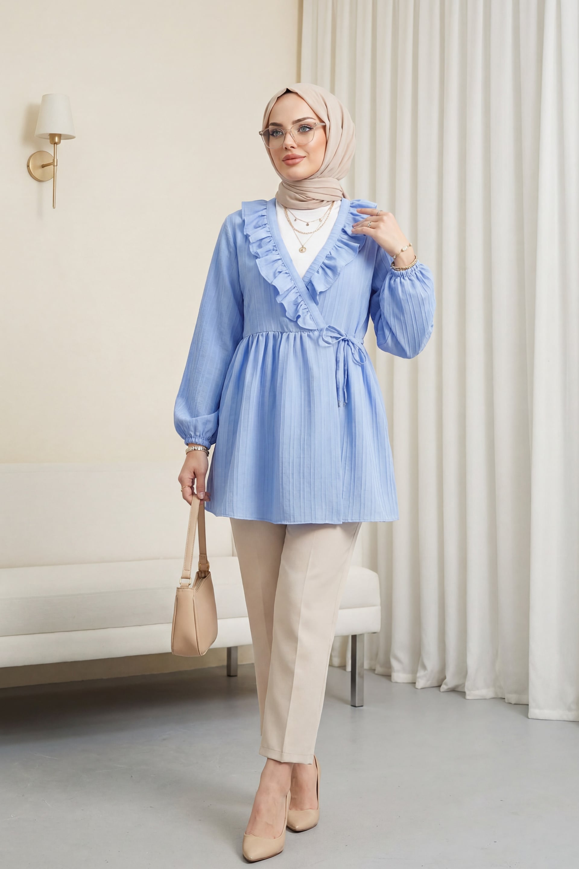Ruffled Front Lace-Up Kimono with Elastic Sleeves - Blue - Podyumplus - by Peralane - photo 2