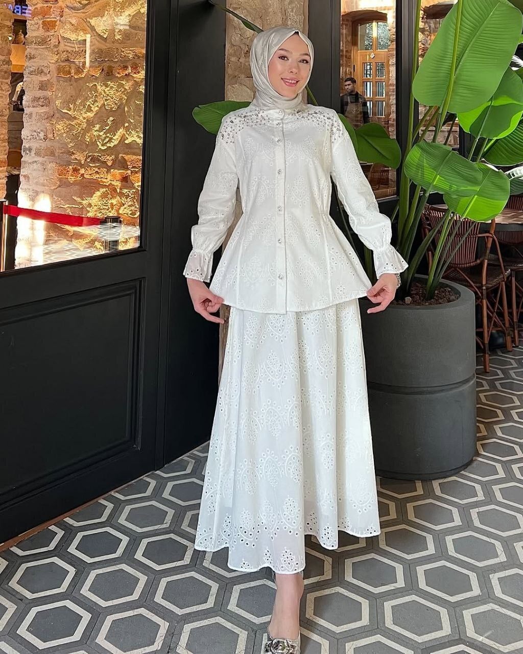 White Eyelet Modest Two-Piece Set with Blouse and Skirt - Podyumplus - by Peralane - photo 7